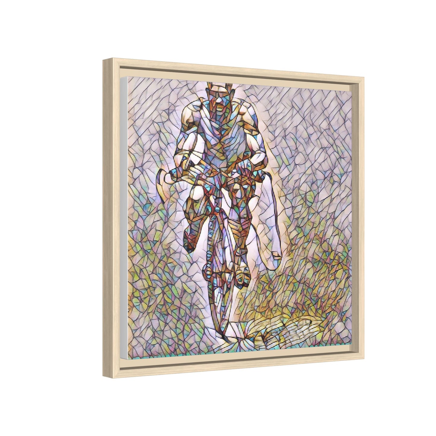 Cyclist Art Print — Framed Matte Canvas Wall Art (Multicolor Stained-Glass Style)