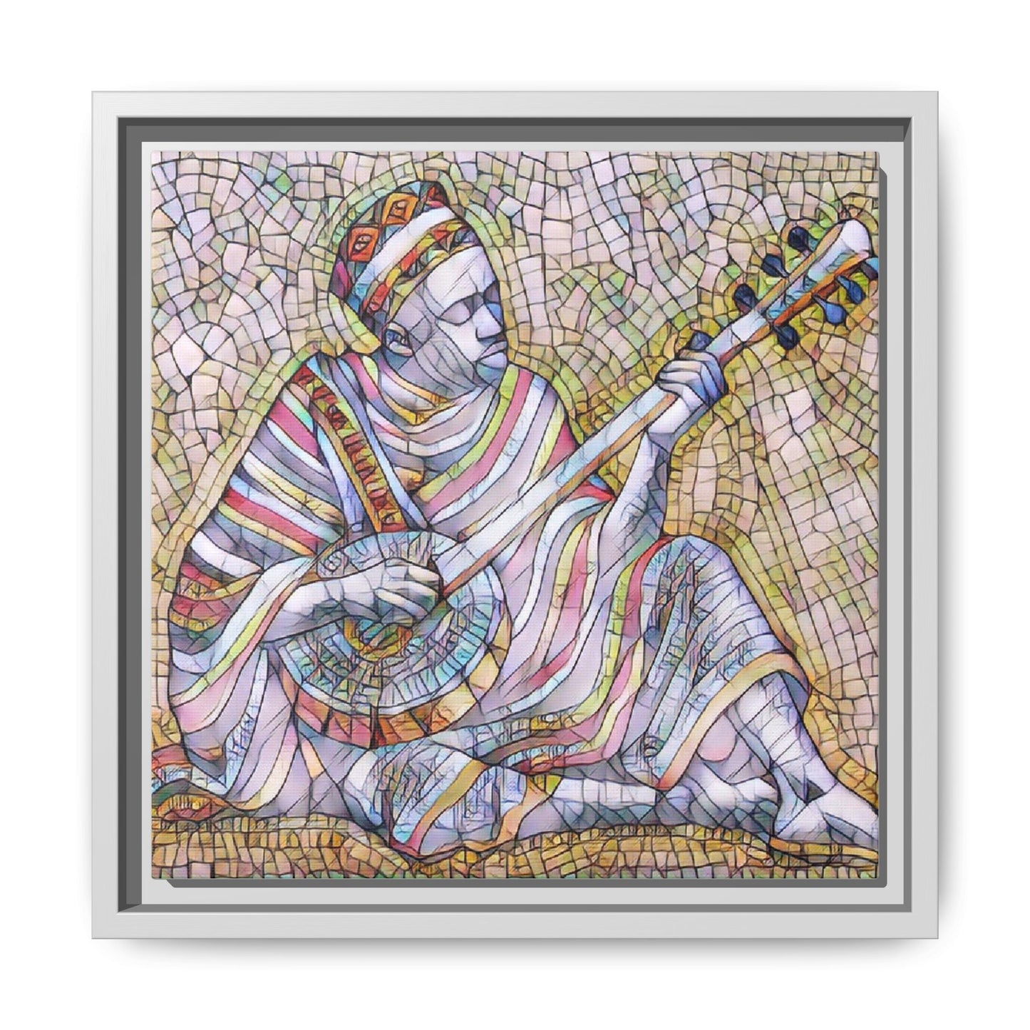 Framed Mosaic Musician Canvas – Colorful Bohemian Wall Art
