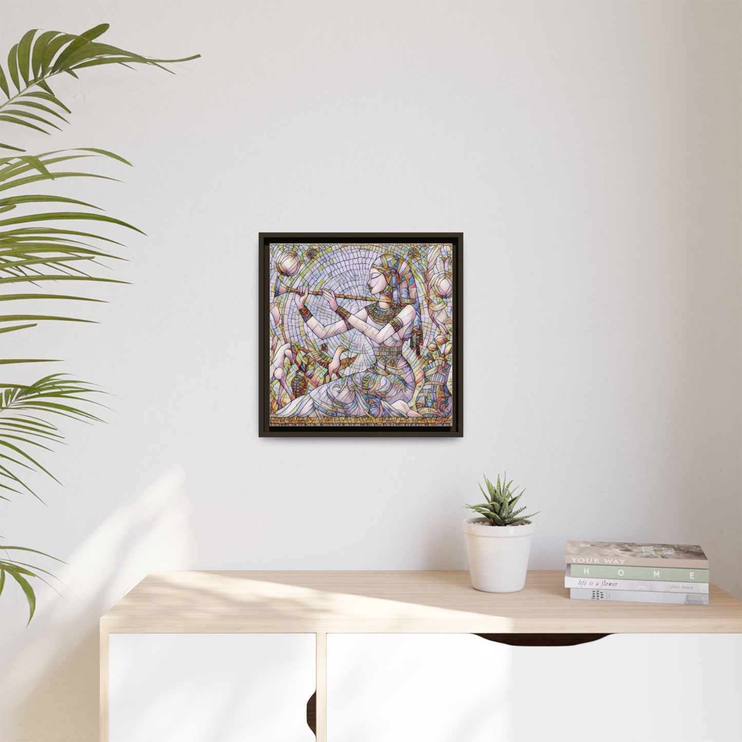 Egyptian Flute Player Framed Canvas Art — Colorful Mosaic Wall Decor