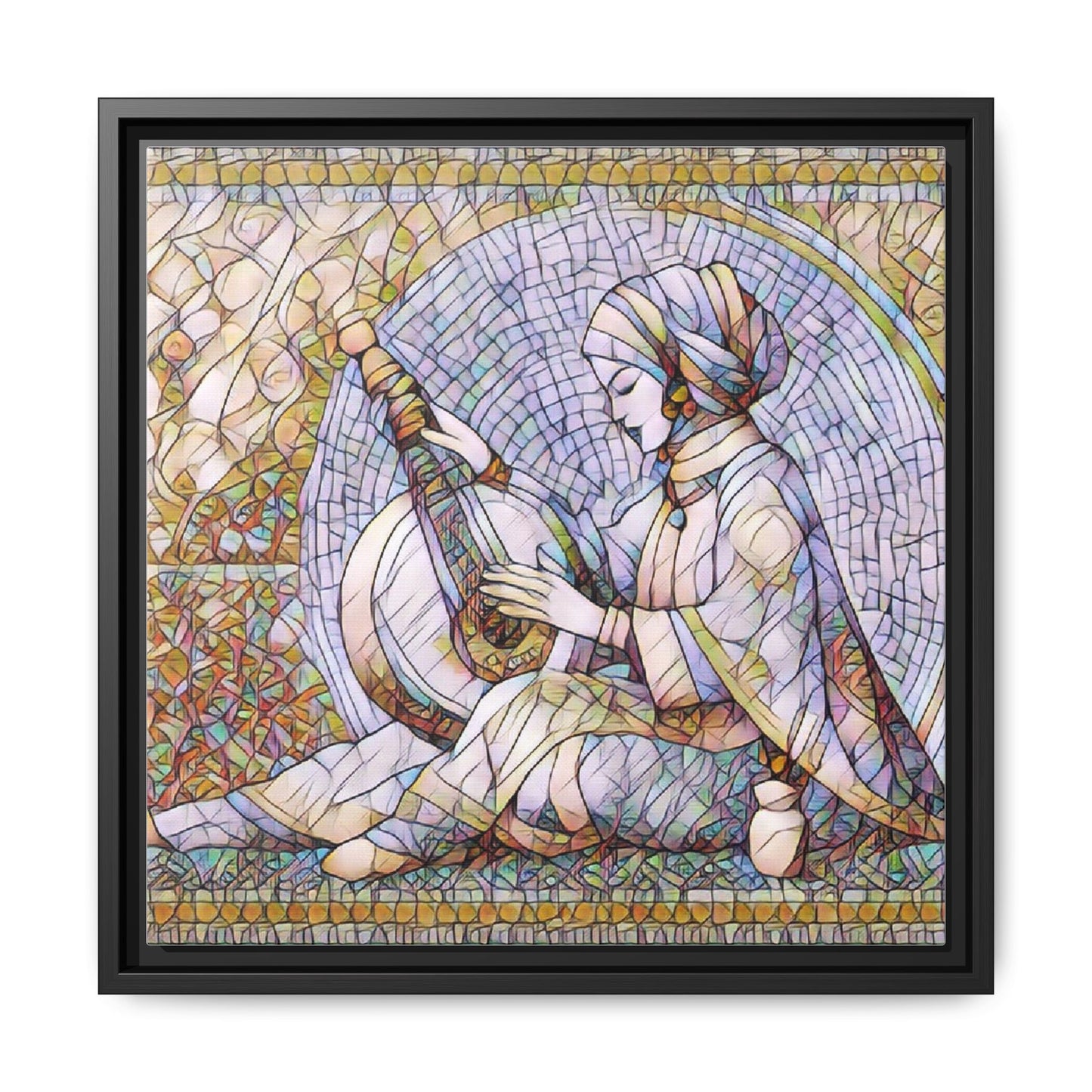 Framed Matte Canvas: Mosaic Lute Player Wall Art — Bohemian Musical Portrait