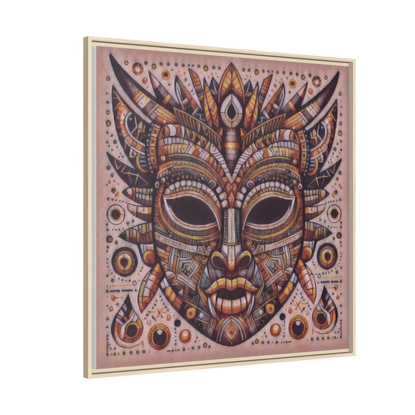 Tribal Mask Framed Canvas Art — Multicolor Matte Wall Decor