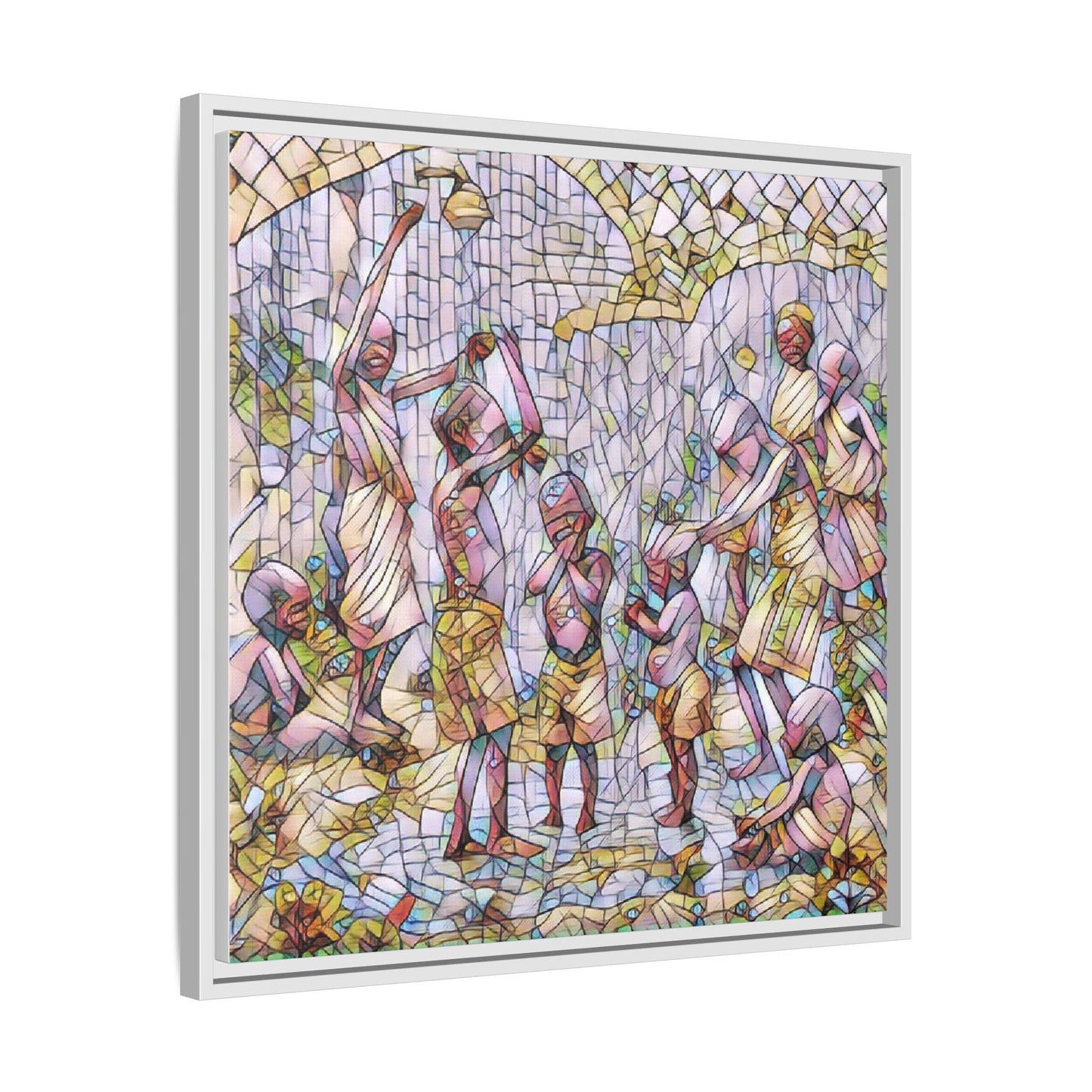 Framed Matte Canvas – Colorful Mosaic Children Playing Wall Art