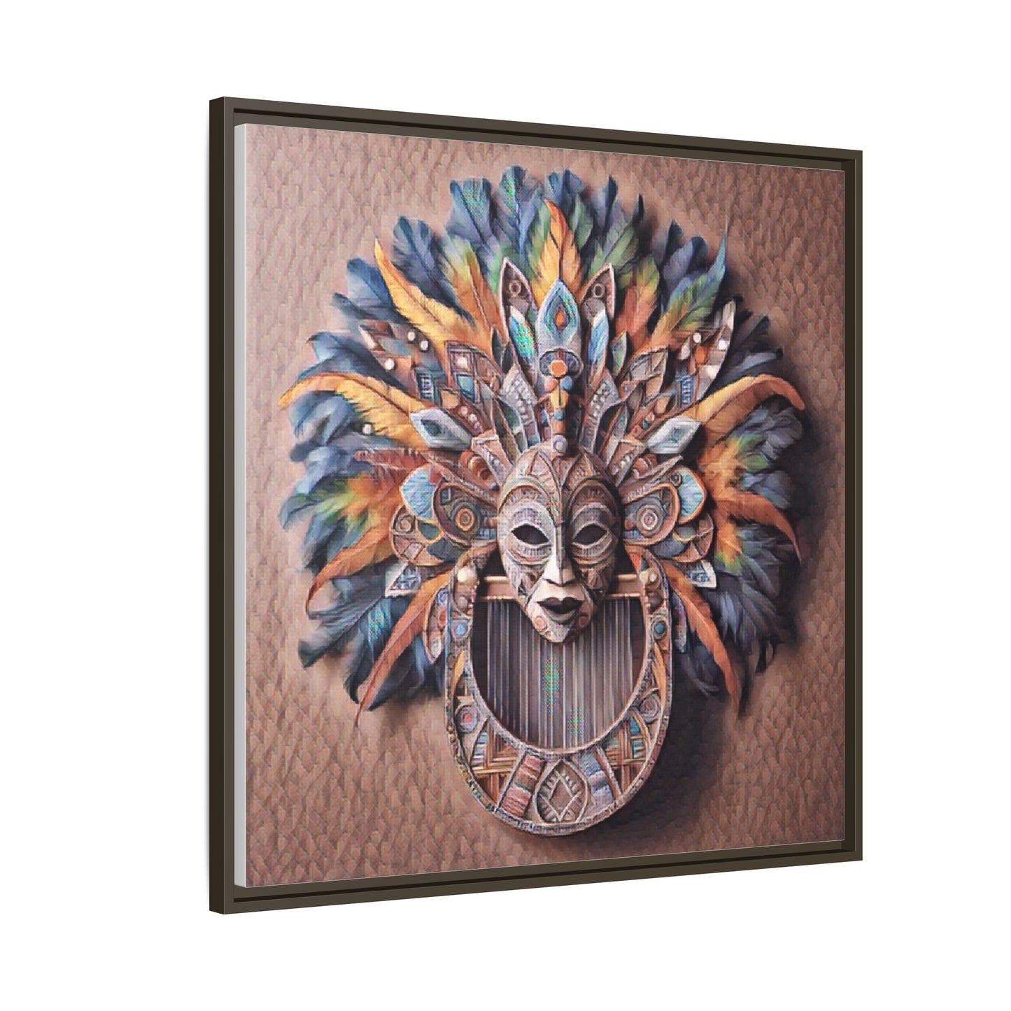Tribal Feather Mask Framed Canvas Wall Art — Colorful Boho Decorative Print