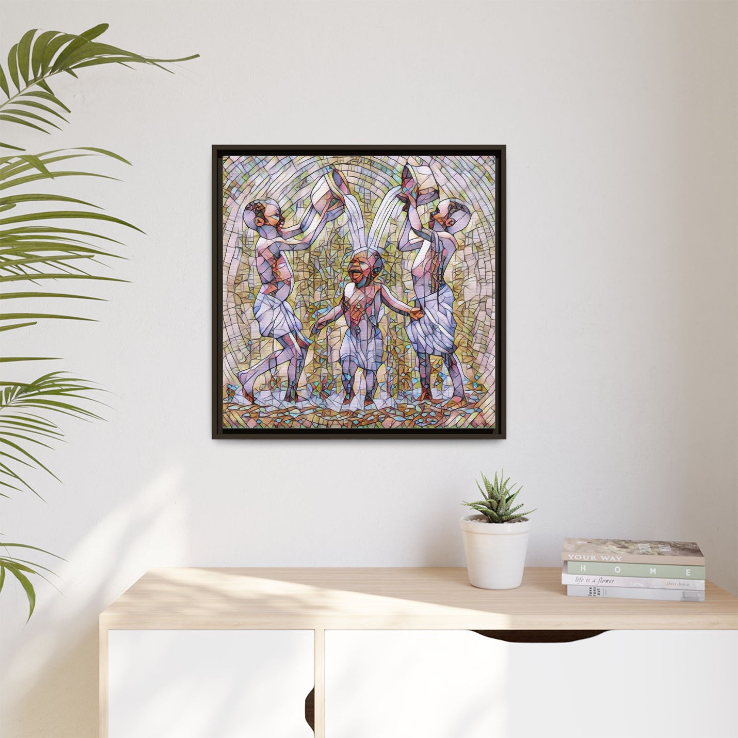 Framed Matte Canvas Art – Joyful Water Dance Family Stained-Glass Print