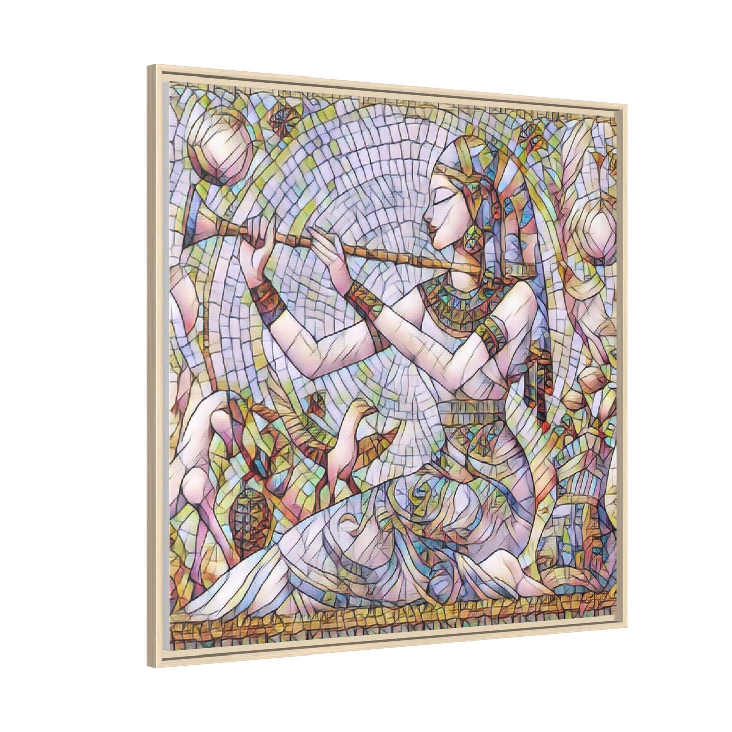 Egyptian Flute Player Framed Canvas Art — Colorful Mosaic Wall Decor