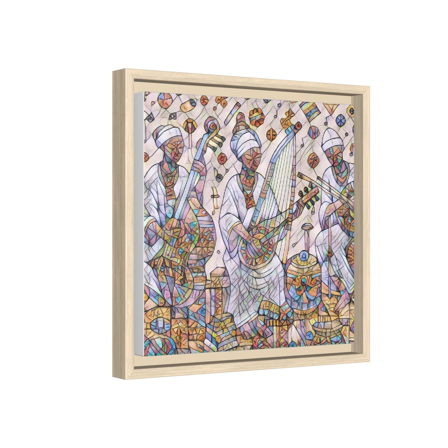 Framed Matte Canvas Print — Colorful African Musicians Stained-Glass Art