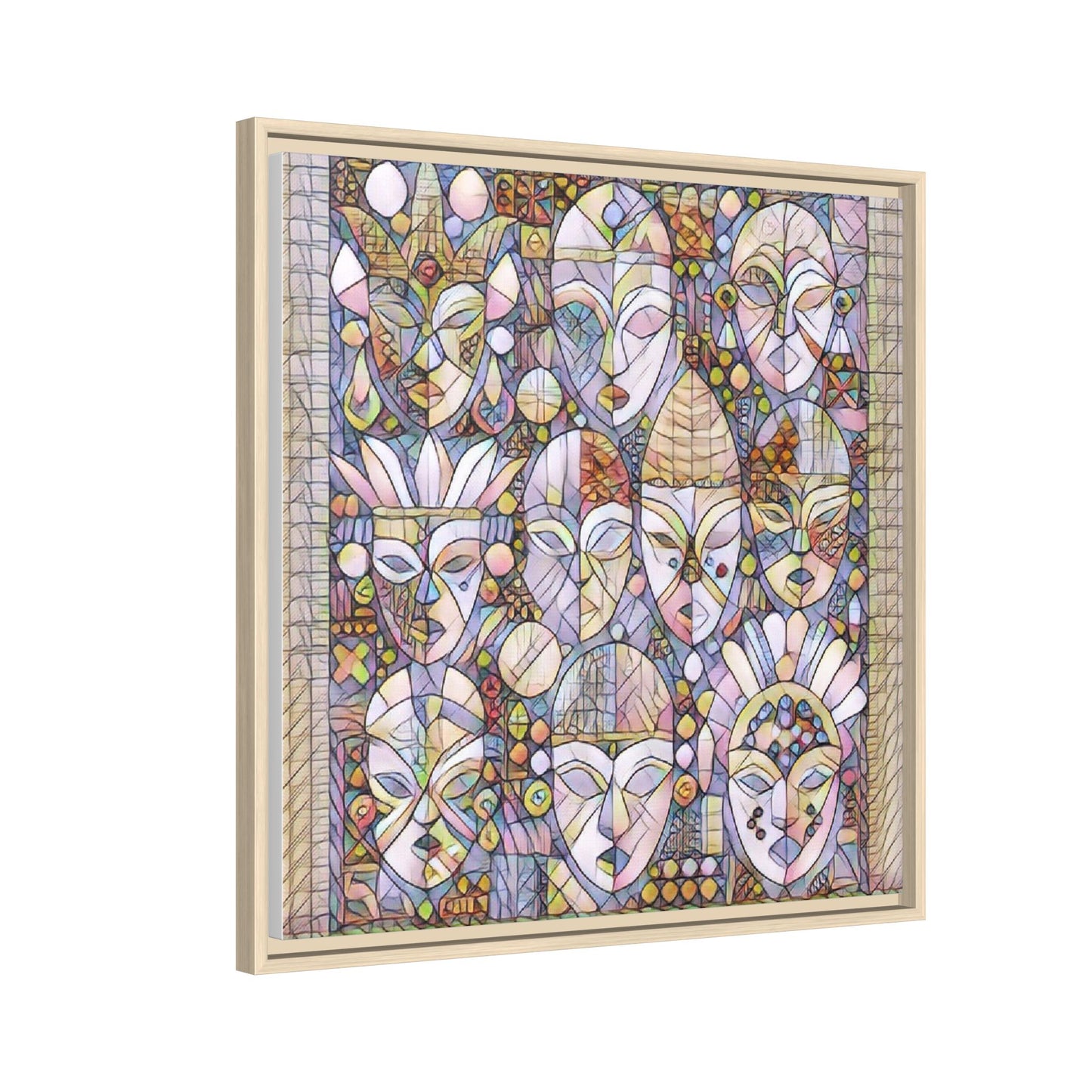Framed Abstract Mask Art Canvas — Multicolor Stained-Glass Faces Wall Decor