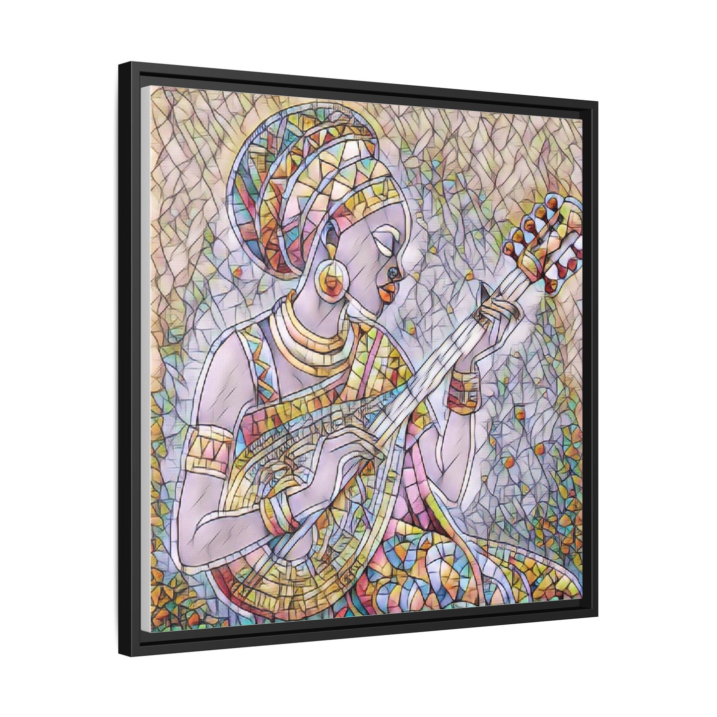 Framed Canvas Art — Colorful African Woman Playing Lute (Matte Multi‑Color)