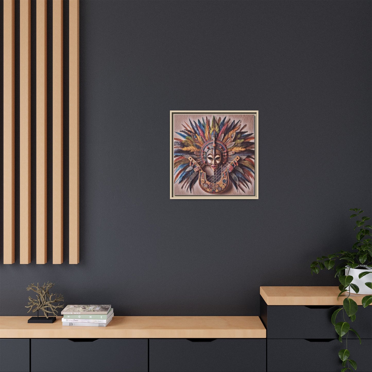 Tribal Feather Mask Guitar Framed Canvas Art — Colorful Boho Wall Decor