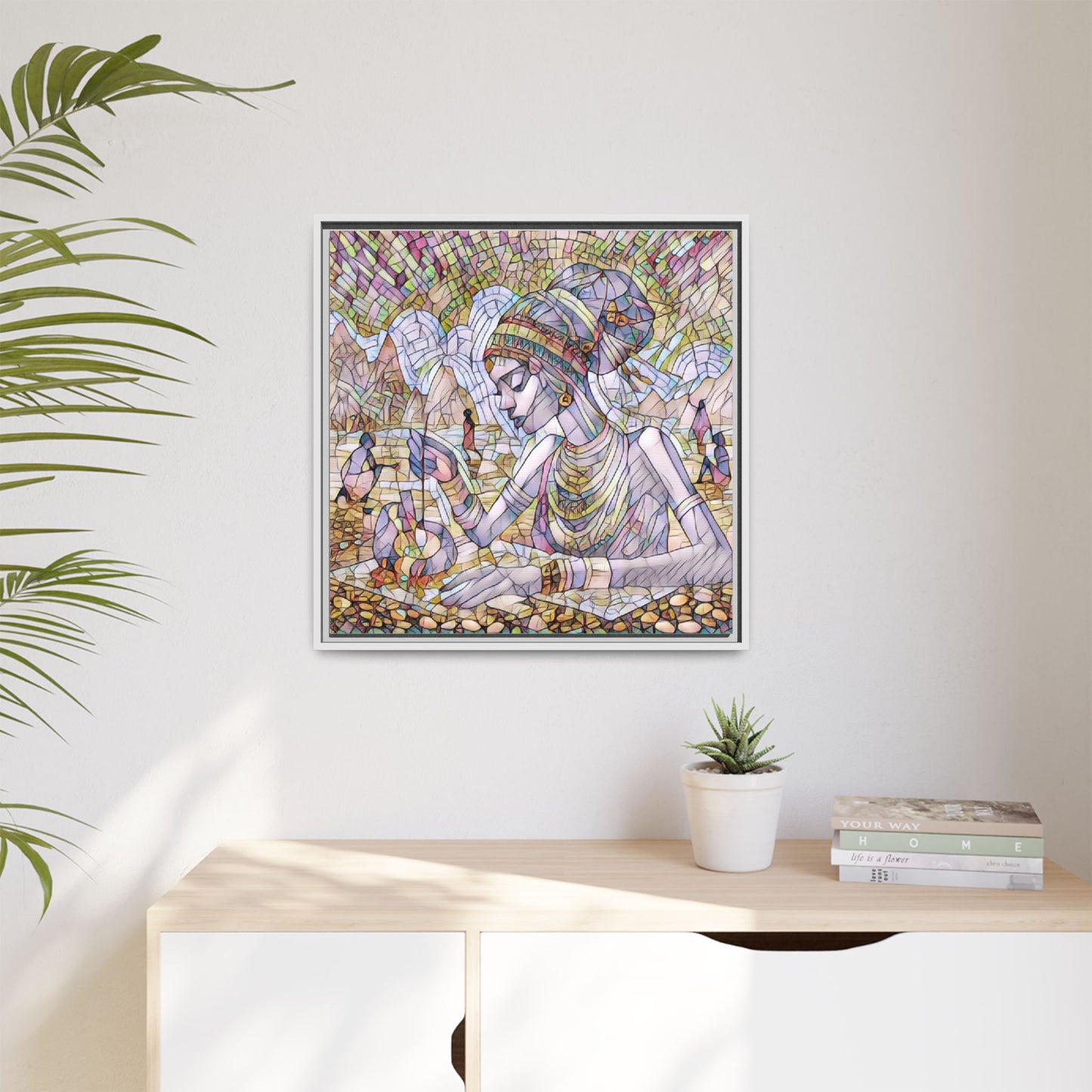 Framed Matte Canvas Art — Mosaic-Inspired Egyptian Woman Illustration