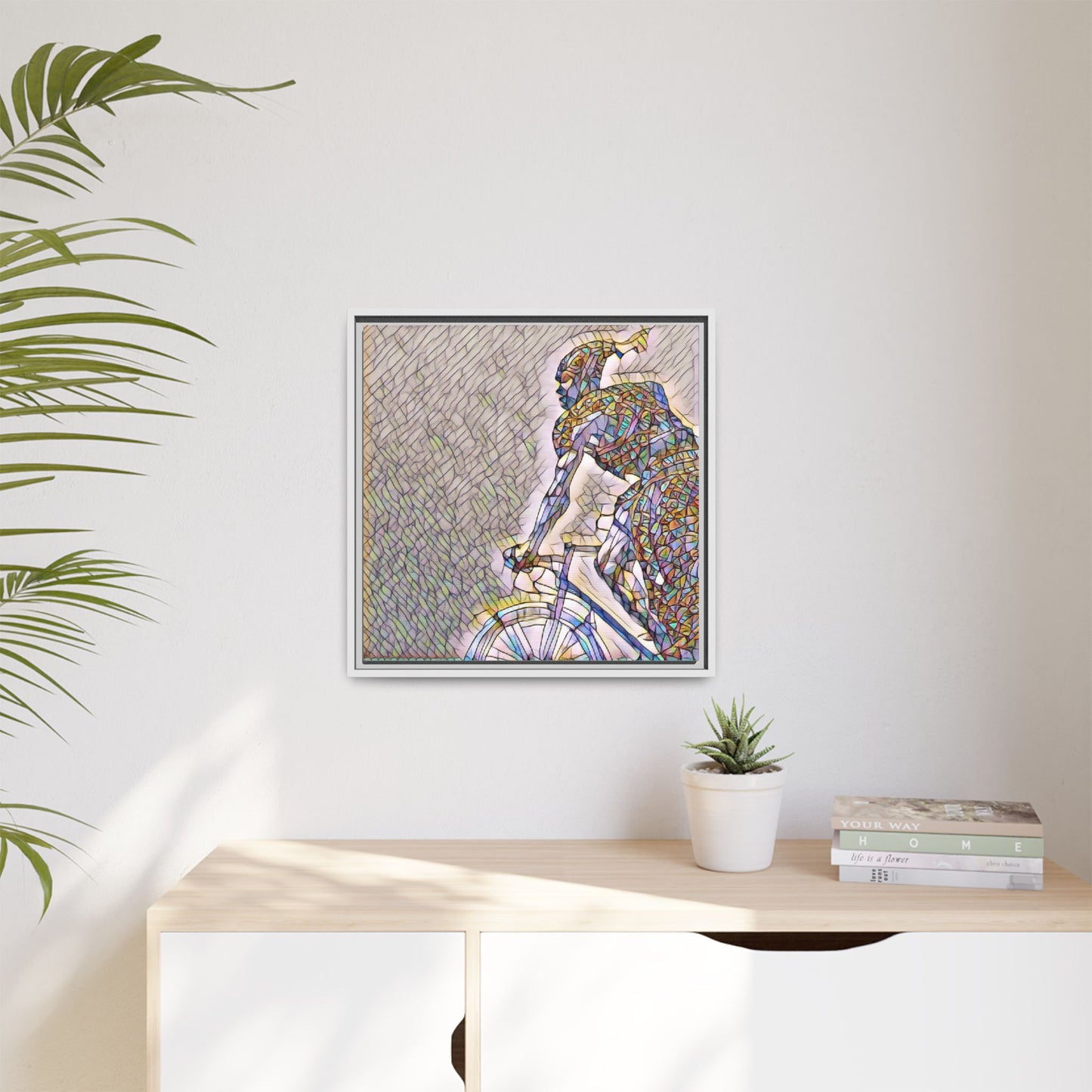 Cyclist Mosaic Matte Canvas Print — Framed Multicolor Bike Art