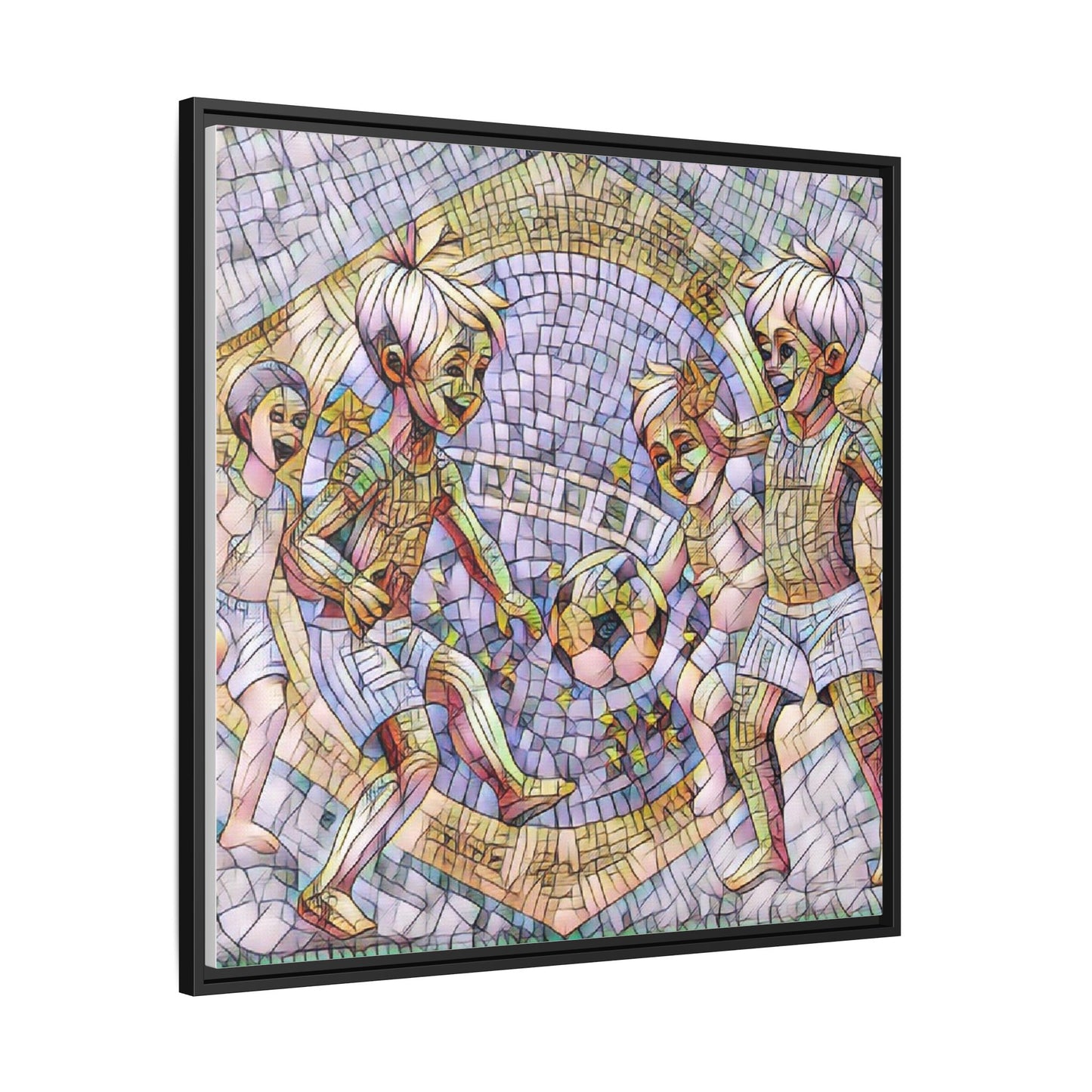 Framed Matte Canvas – Vintage Mosaic Kids Playing Soccer Art