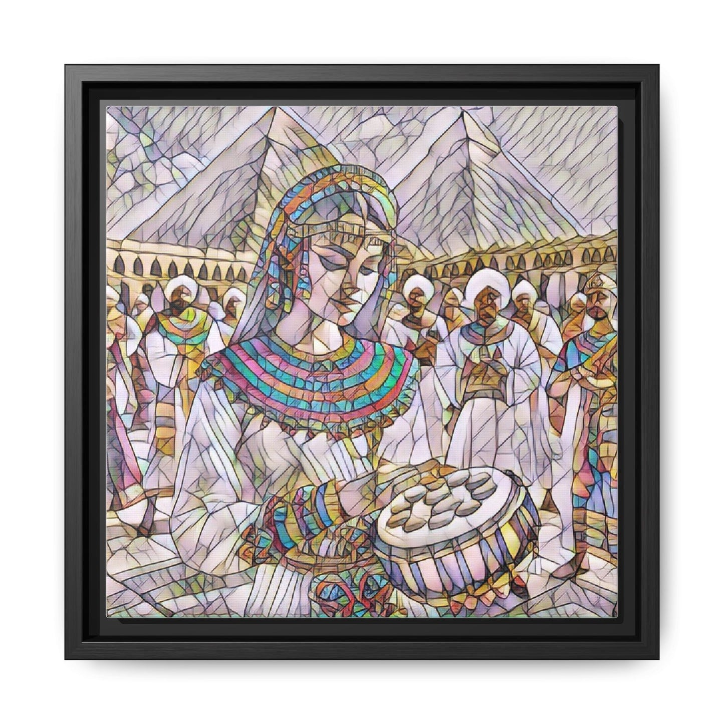 Egyptian Drum Player Framed Canvas Art — Colorful Ancient Scene Wall Decor