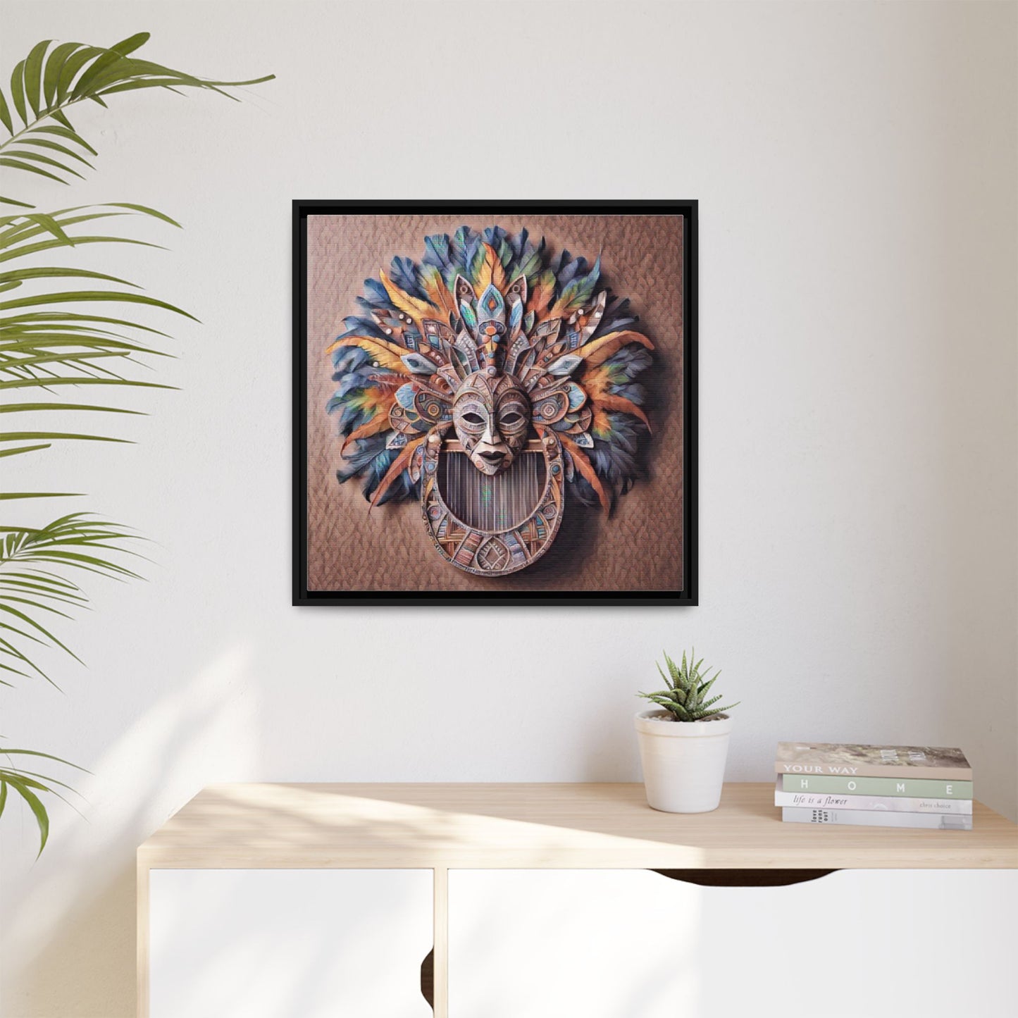 Tribal Feather Mask Framed Canvas Wall Art — Colorful Boho Decorative Print