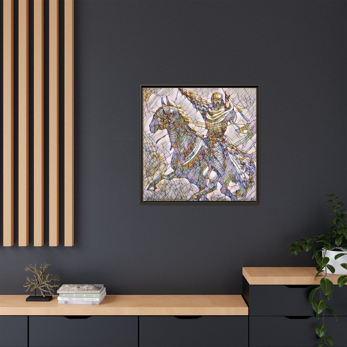 Framed Matte Canvas Print — Stained Glass Knight on Horse Artwork