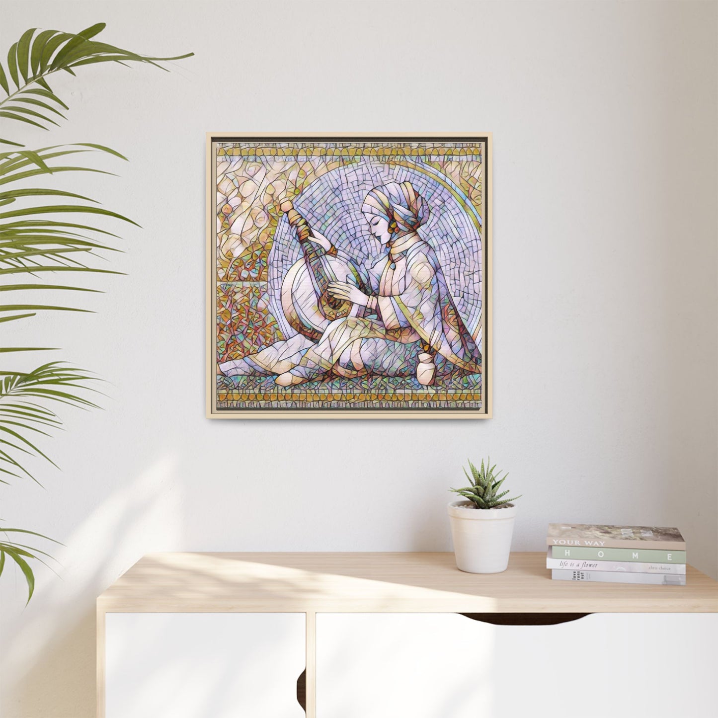 Framed Matte Canvas: Mosaic Lute Player Wall Art — Bohemian Musical Portrait