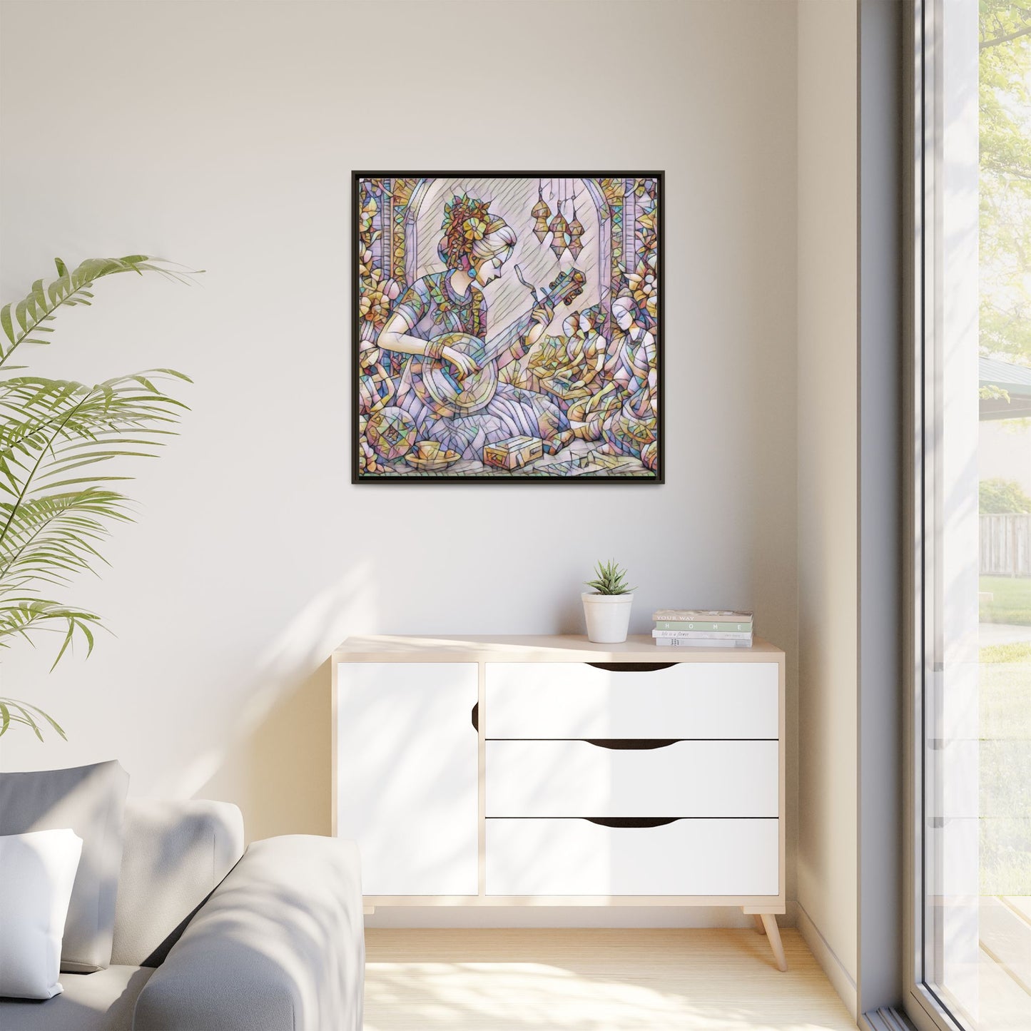 Framed Matte Canvas: Bohemian Woman Playing Lute — Stained-Glass Style Wall Art