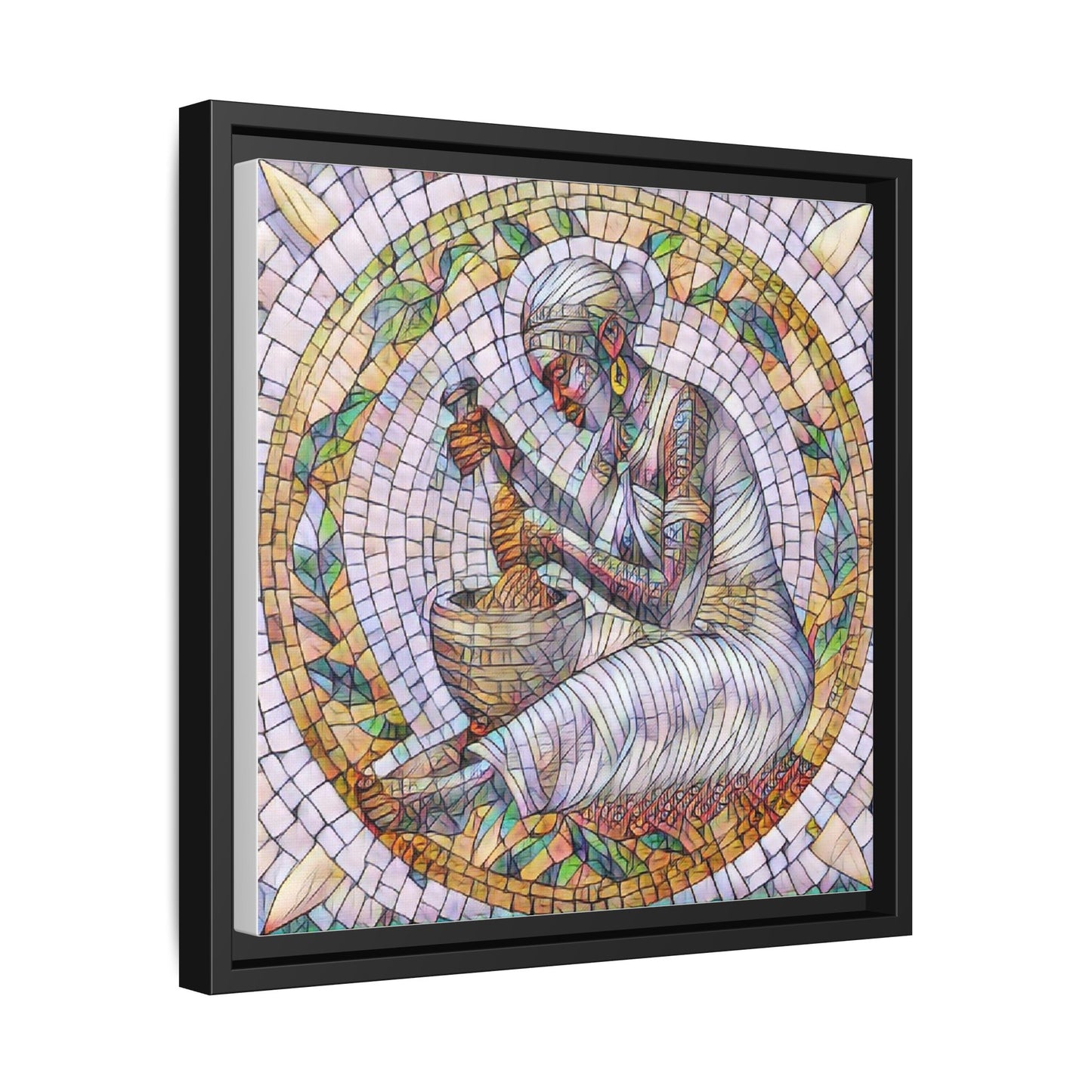 Framed Mosaic Art Print — Woman Grinding Grain (Matte Canvas)