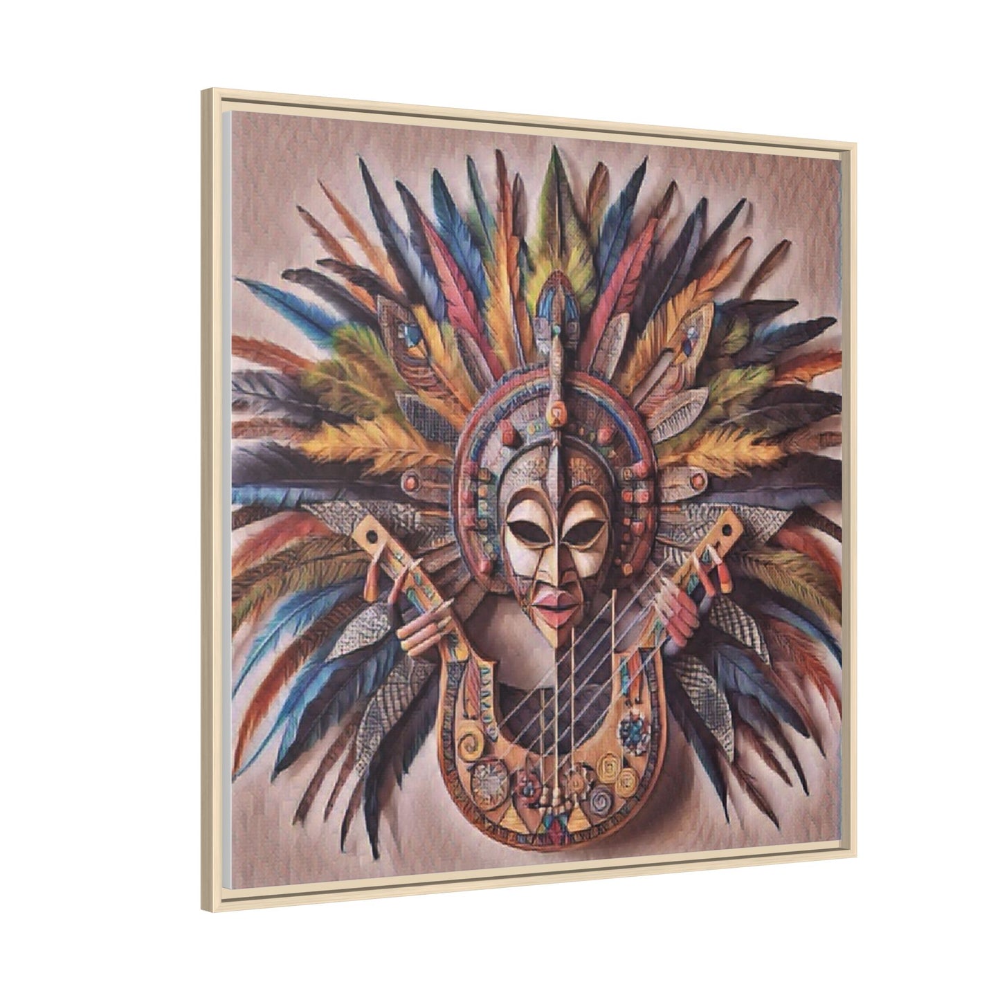 Tribal Feather Mask Guitar Framed Canvas Art — Colorful Boho Wall Decor