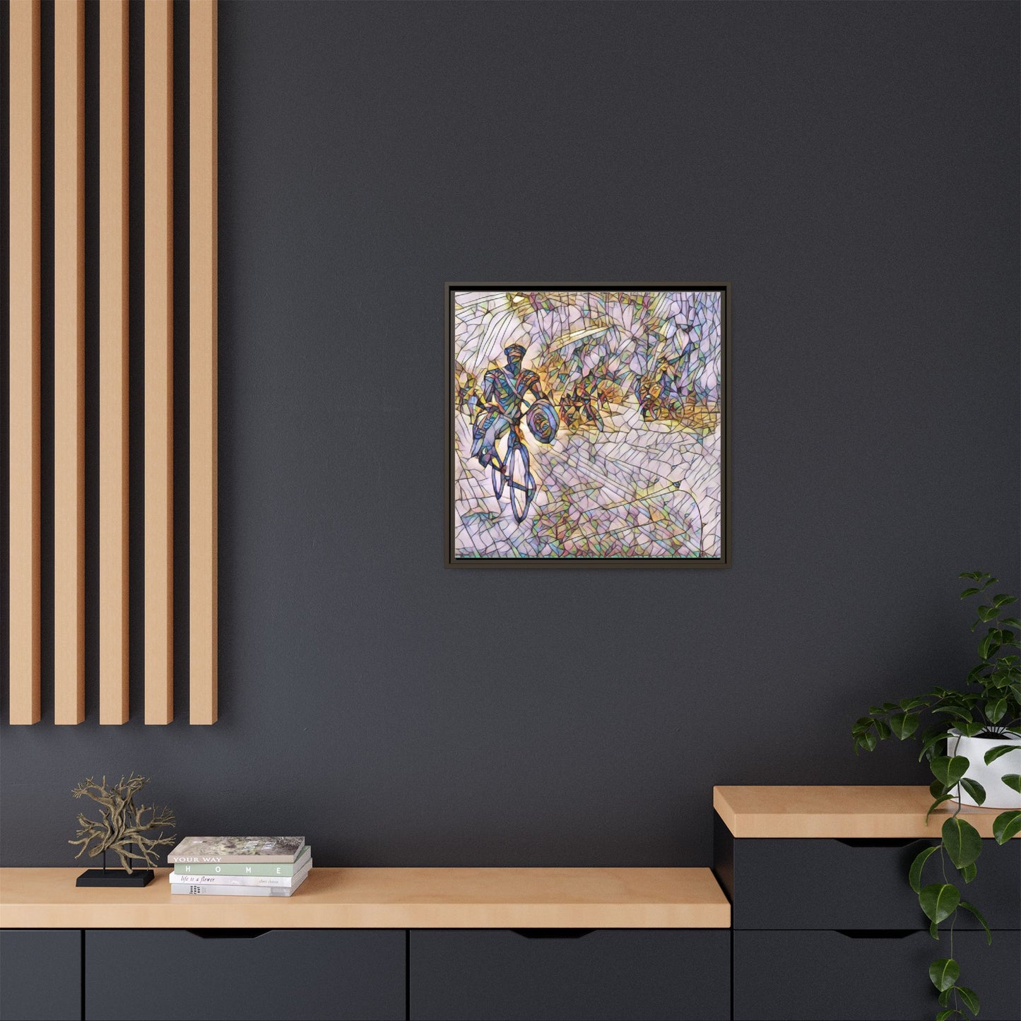 Cyclist Mosaic Matte Canvas Framed Wall Art — Colorful Biking Scene