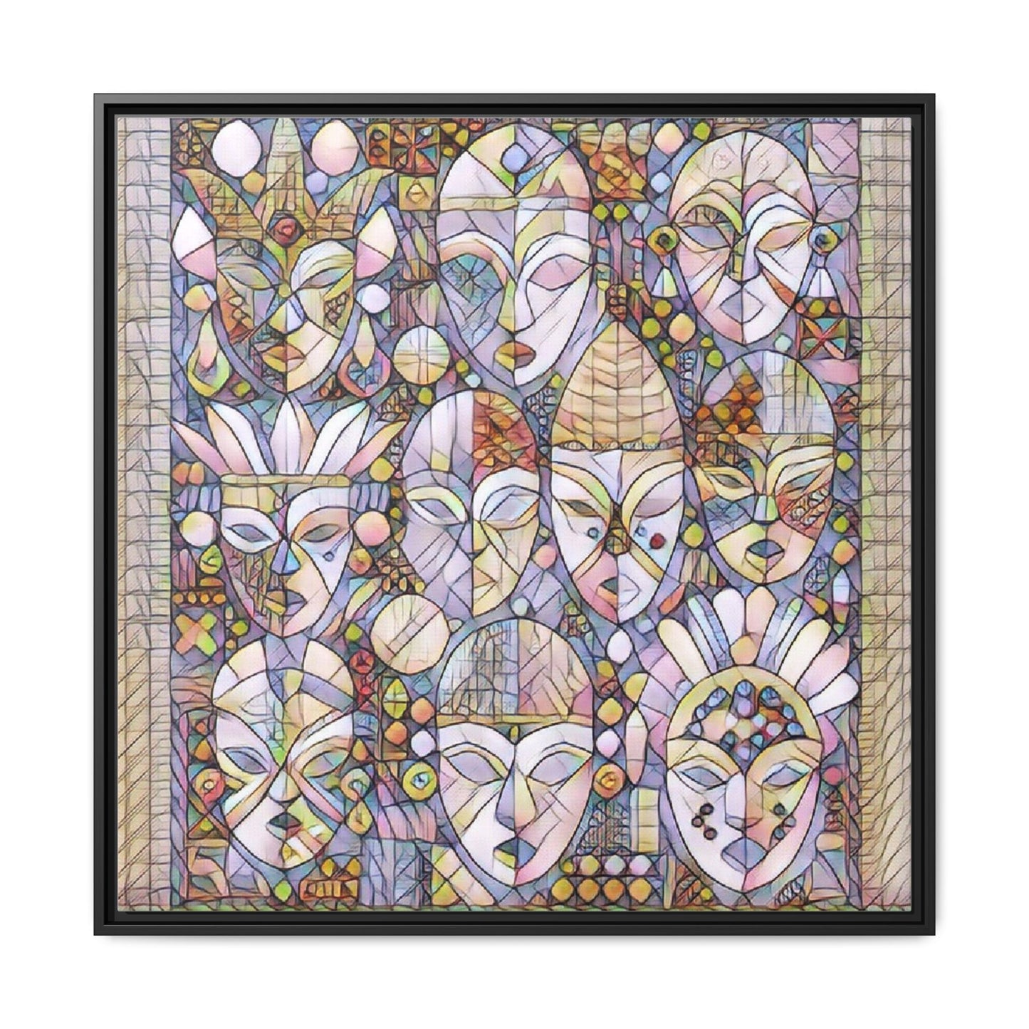Framed Abstract Mask Art Canvas — Multicolor Stained-Glass Faces Wall Decor