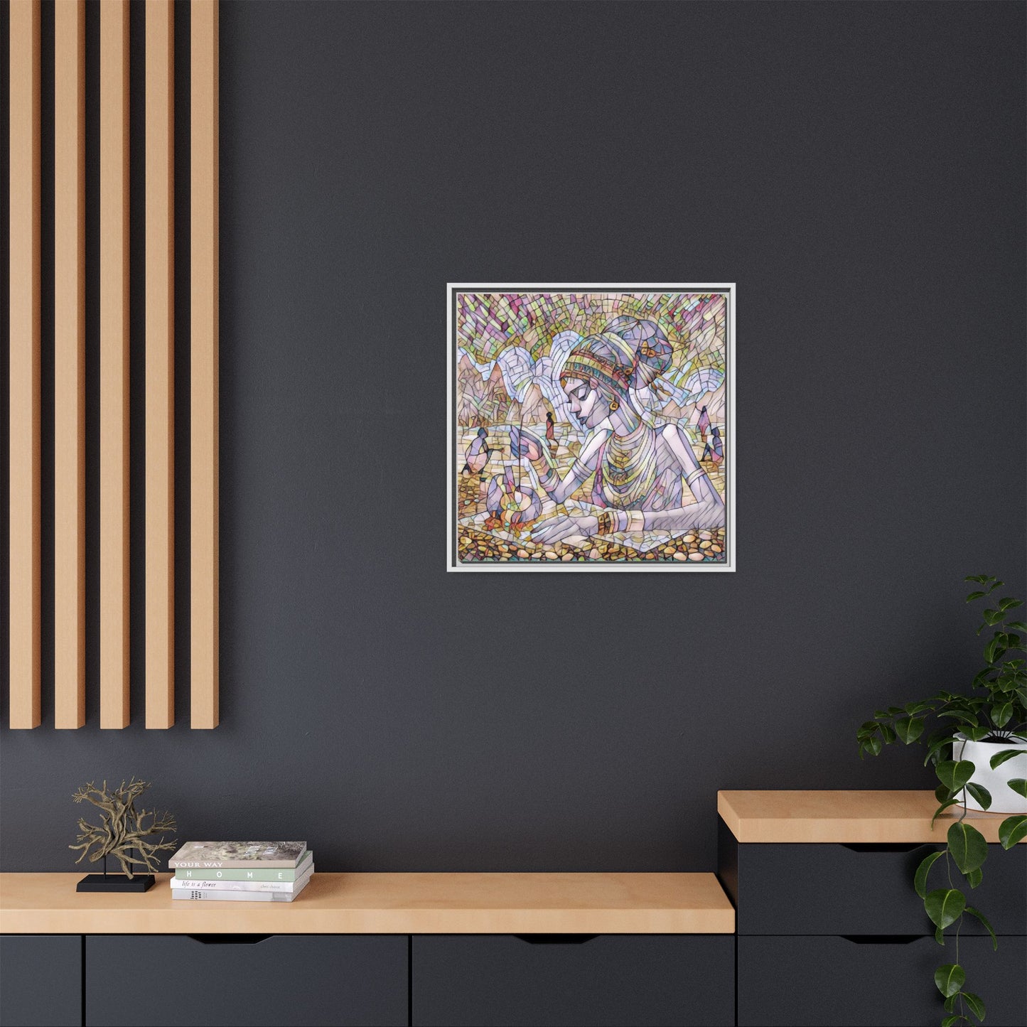 Framed Matte Canvas Art — Mosaic-Inspired Egyptian Woman Illustration