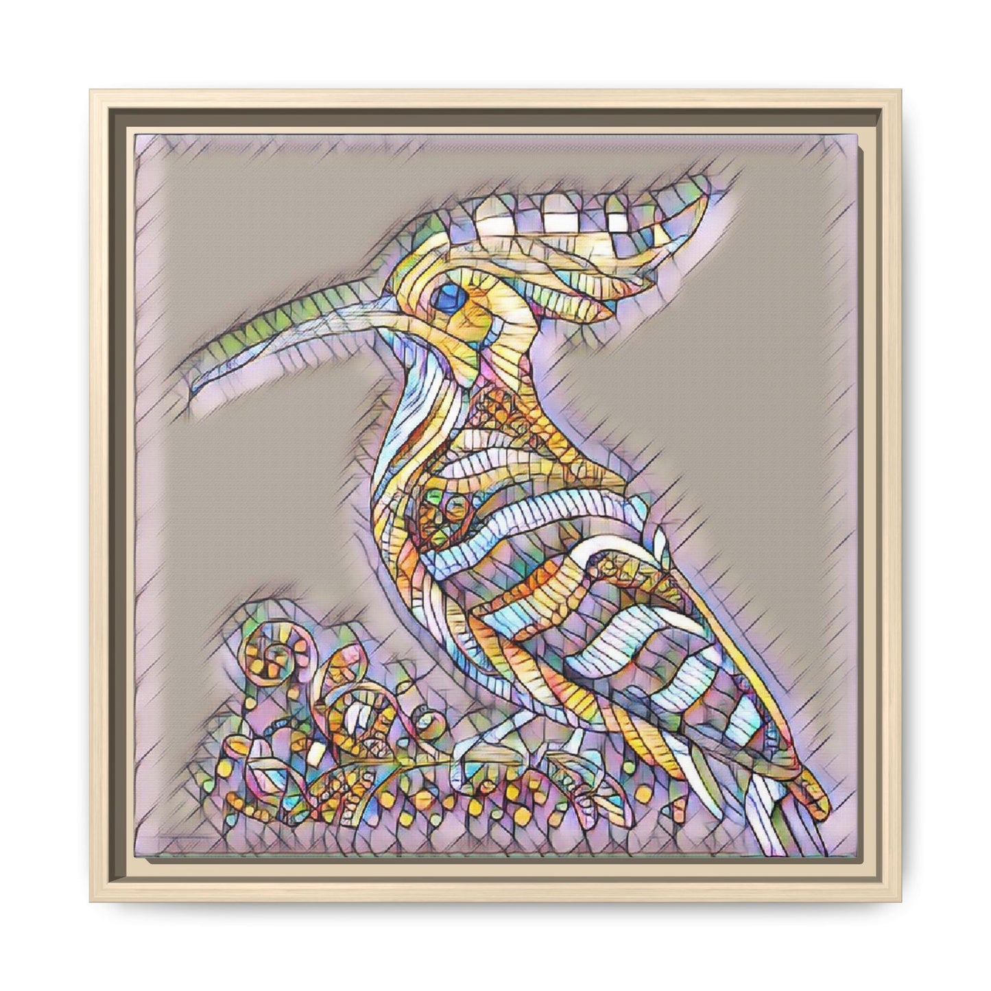 Colorful Mosaic Bird Framed Canvas Art — Whimsical Hoopoe Wall Decor