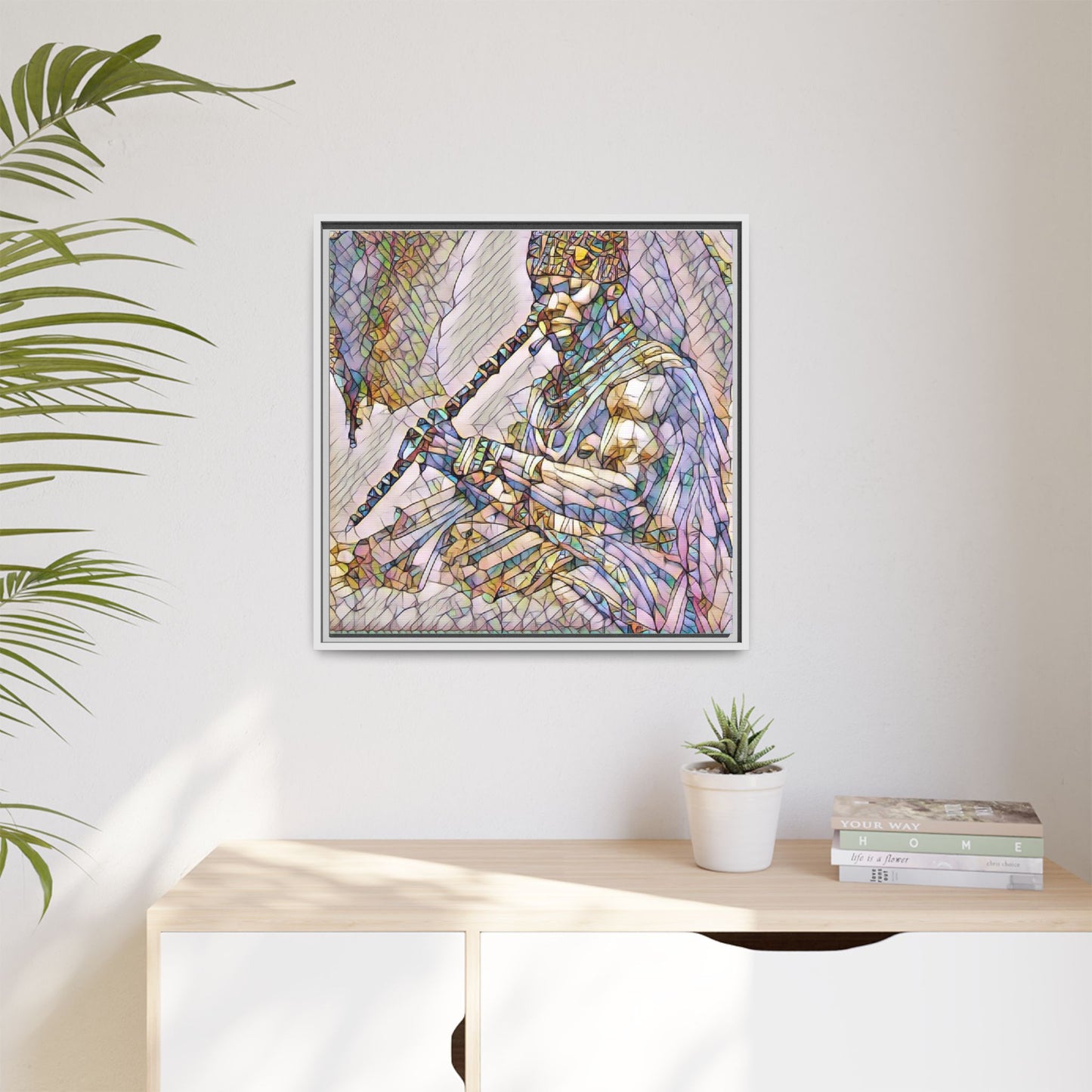 Tribal Flute Musician Stained-Glass Framed Canvas Art