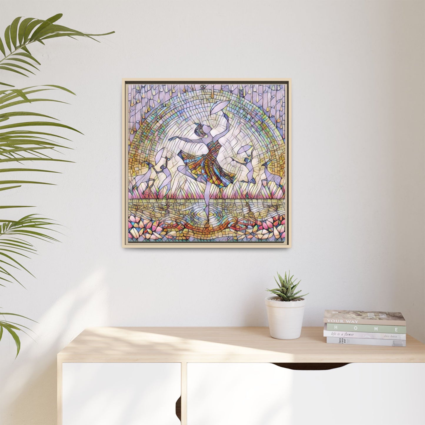 Stained Glass Ballerina Framed Canvas Art — Dancer Mosaic Wall Decor