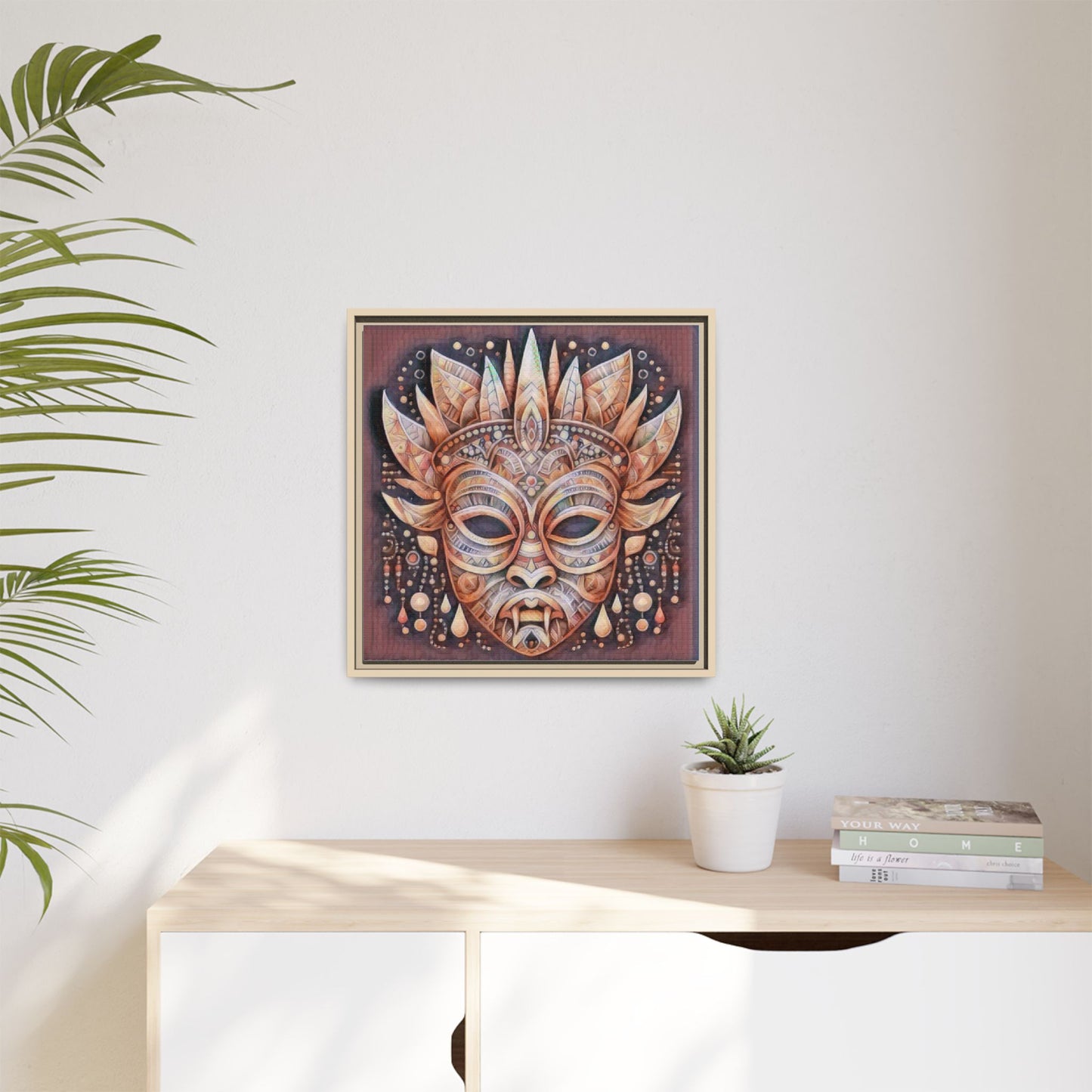 Tribal Sun Mask Framed Canvas Art — Boho Ethnic Wall Decor
