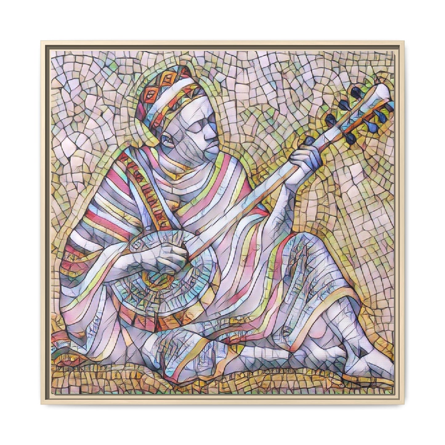 Framed Mosaic Musician Canvas – Colorful Bohemian Wall Art
