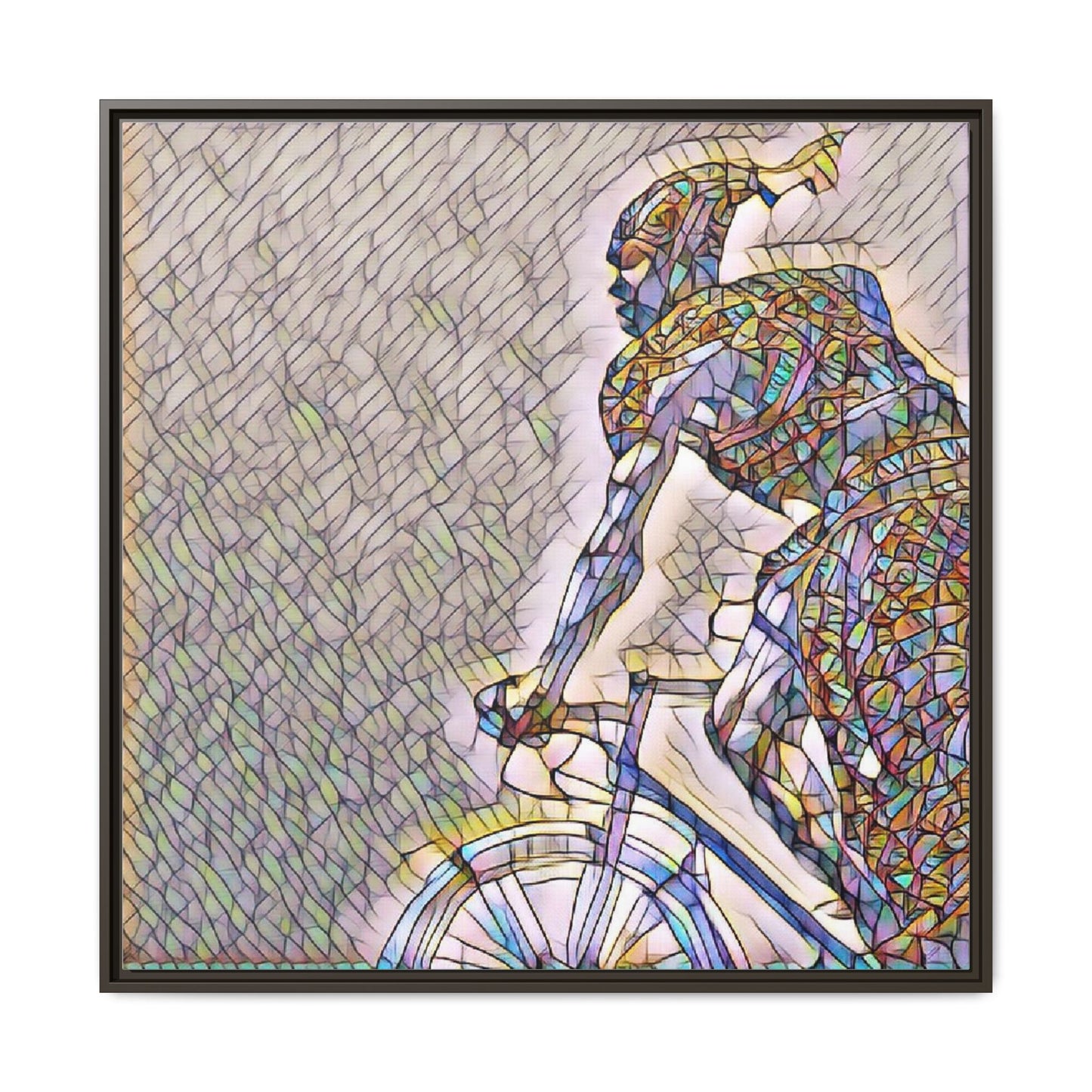 Cyclist Mosaic Matte Canvas Print — Framed Multicolor Bike Art