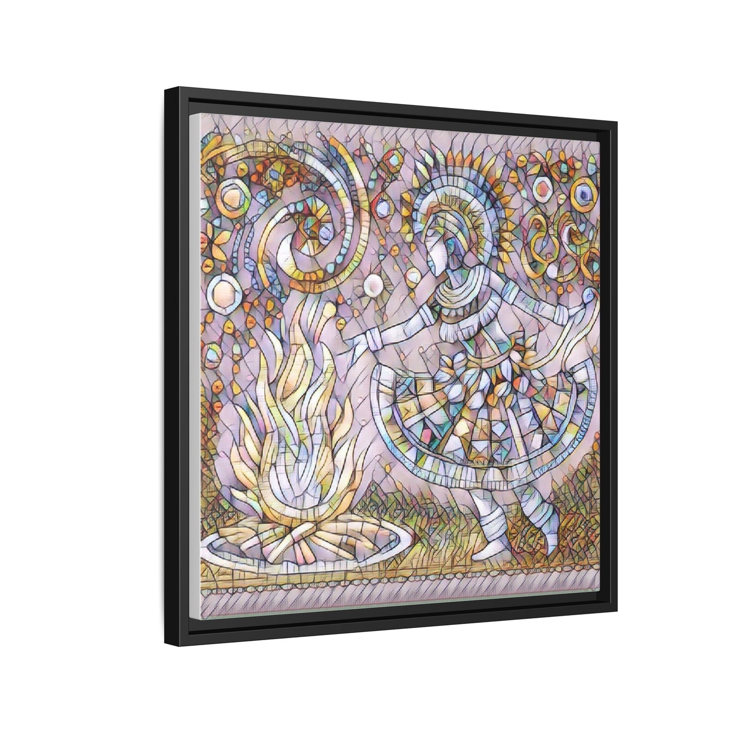 Bohemian Fire Dancer Framed Canvas Art — Colorful Folk Mosaic Wall Decor