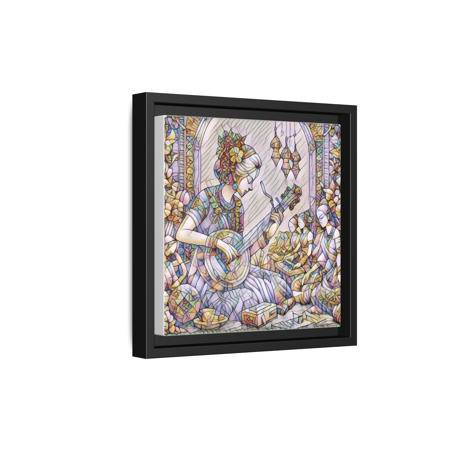 Framed Matte Canvas: Bohemian Woman Playing Lute — Stained-Glass Style Wall Art