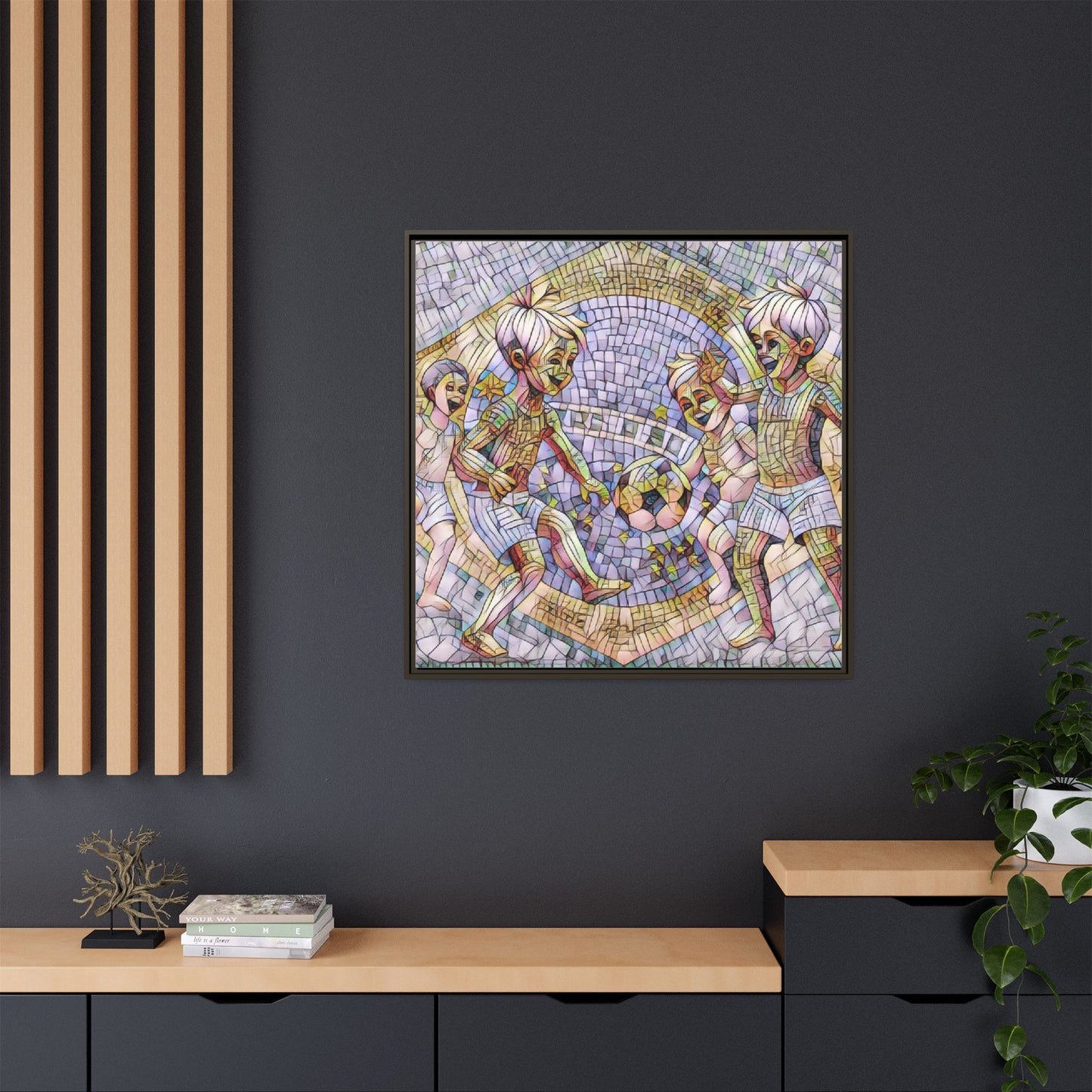 Framed Matte Canvas – Vintage Mosaic Kids Playing Soccer Art