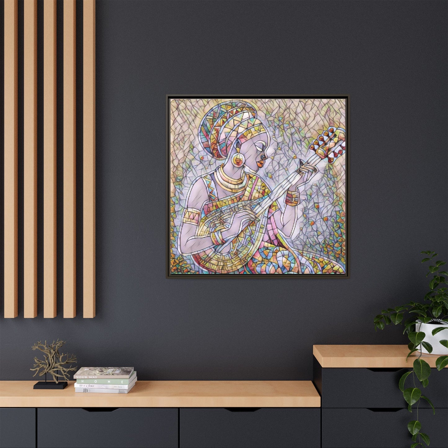 Framed Canvas Art — Colorful African Woman Playing Lute (Matte Multi‑Color)