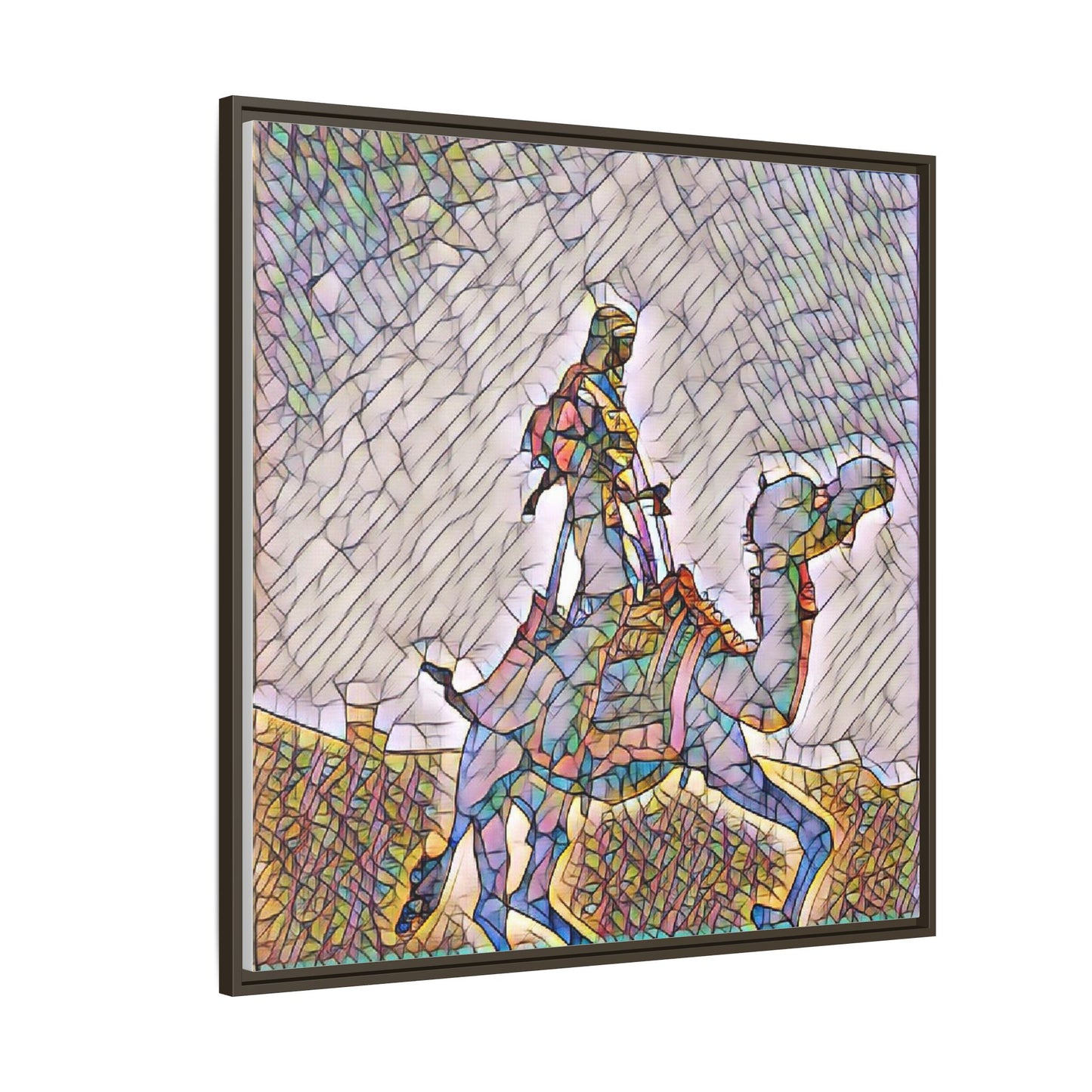Framed Camel Rider Matte Canvas Art — Colorful Mosaic Desert Wall Decor