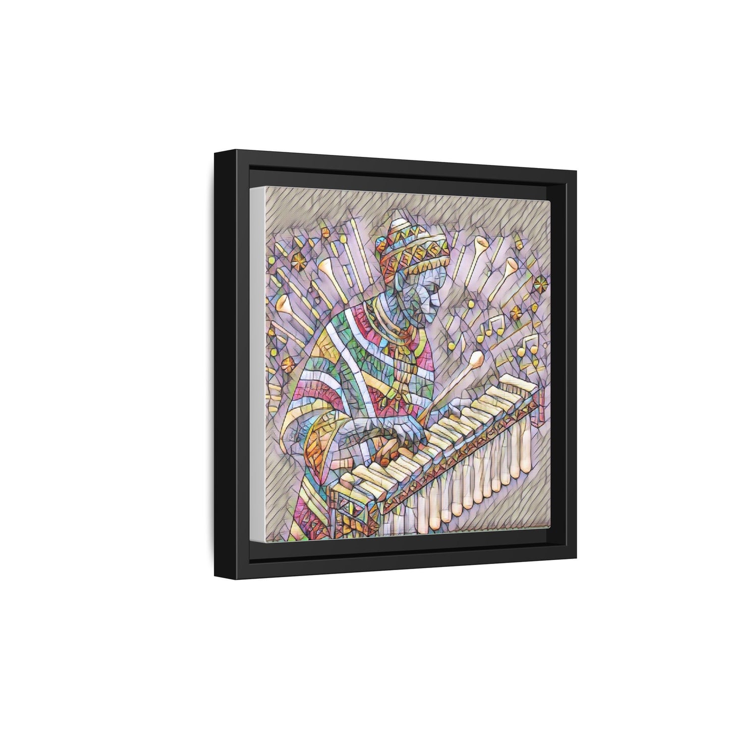 Colorful Marimba Musician Matte Framed Canvas — Vibrant African Instrument Wall Art