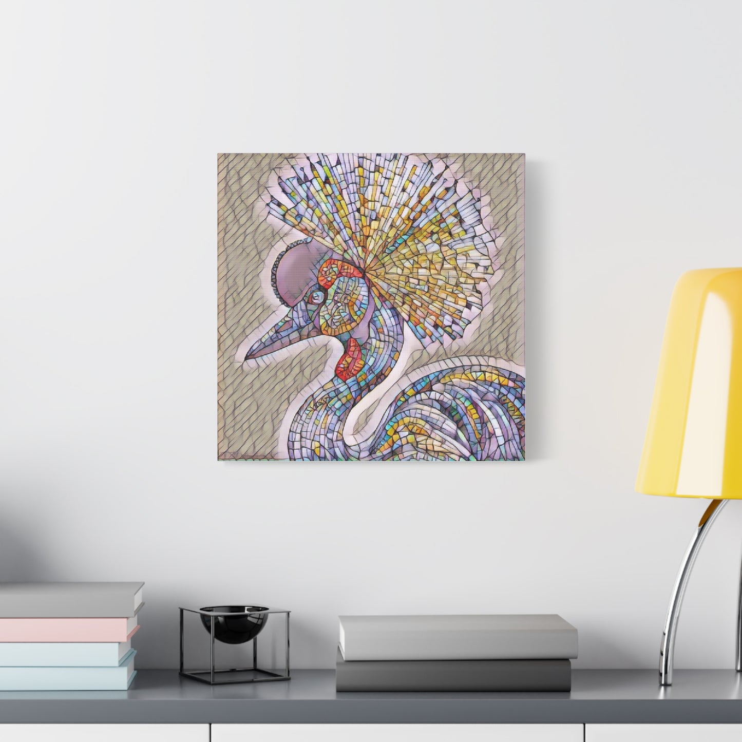 Colorful Mosaic Crowned Crane Canvas Wall Art — Stretched Matte Print