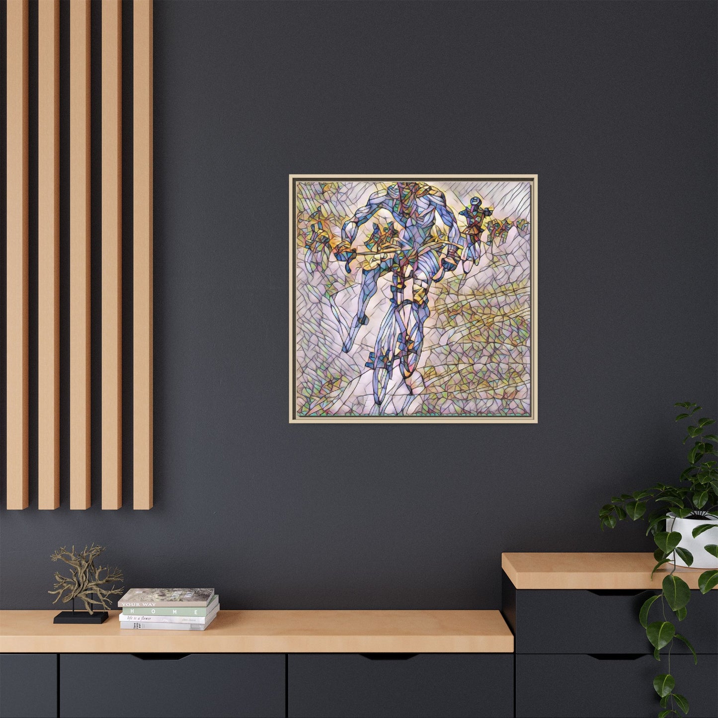 Abstract Cyclist Matte Canvas Framed Art — Colorful Stained-Glass Bike Print