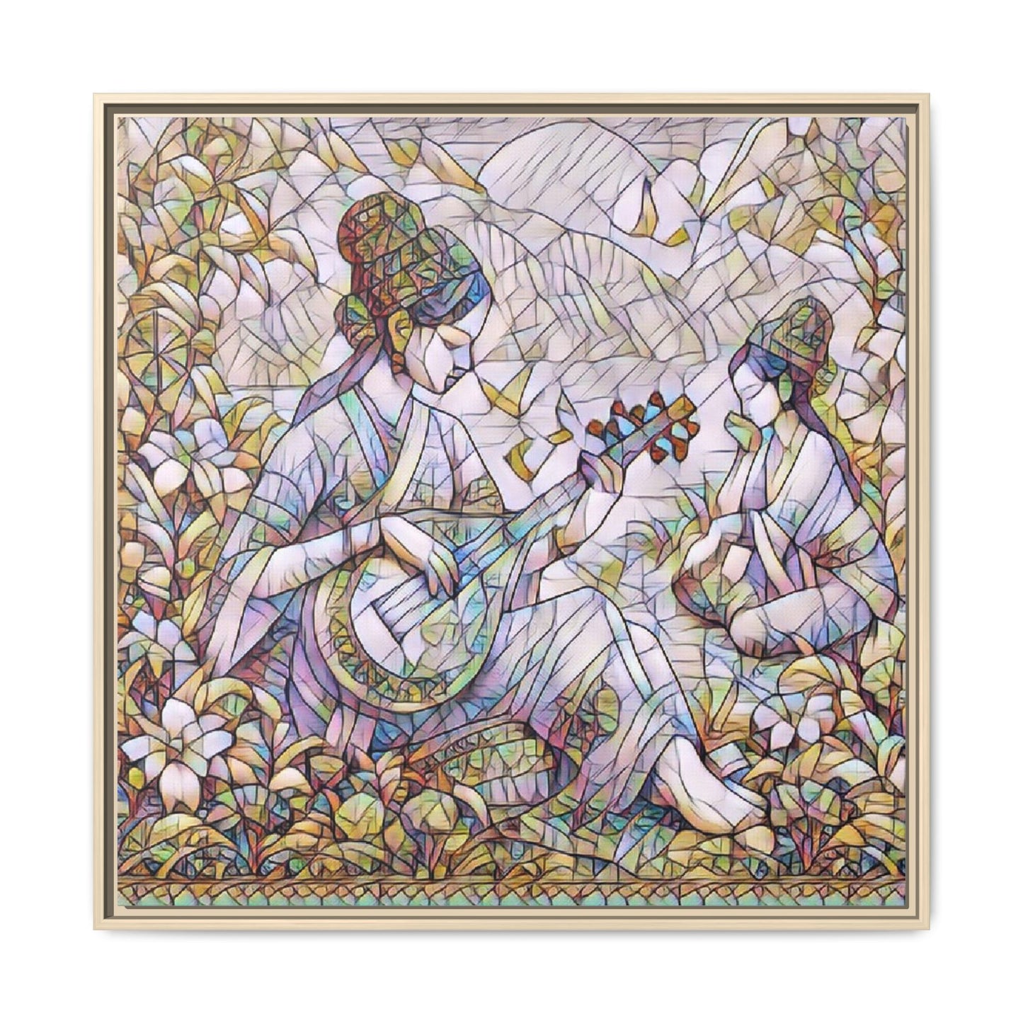 Framed Matte Canvas Art - Vintage Asian Musicians Floral Illustration