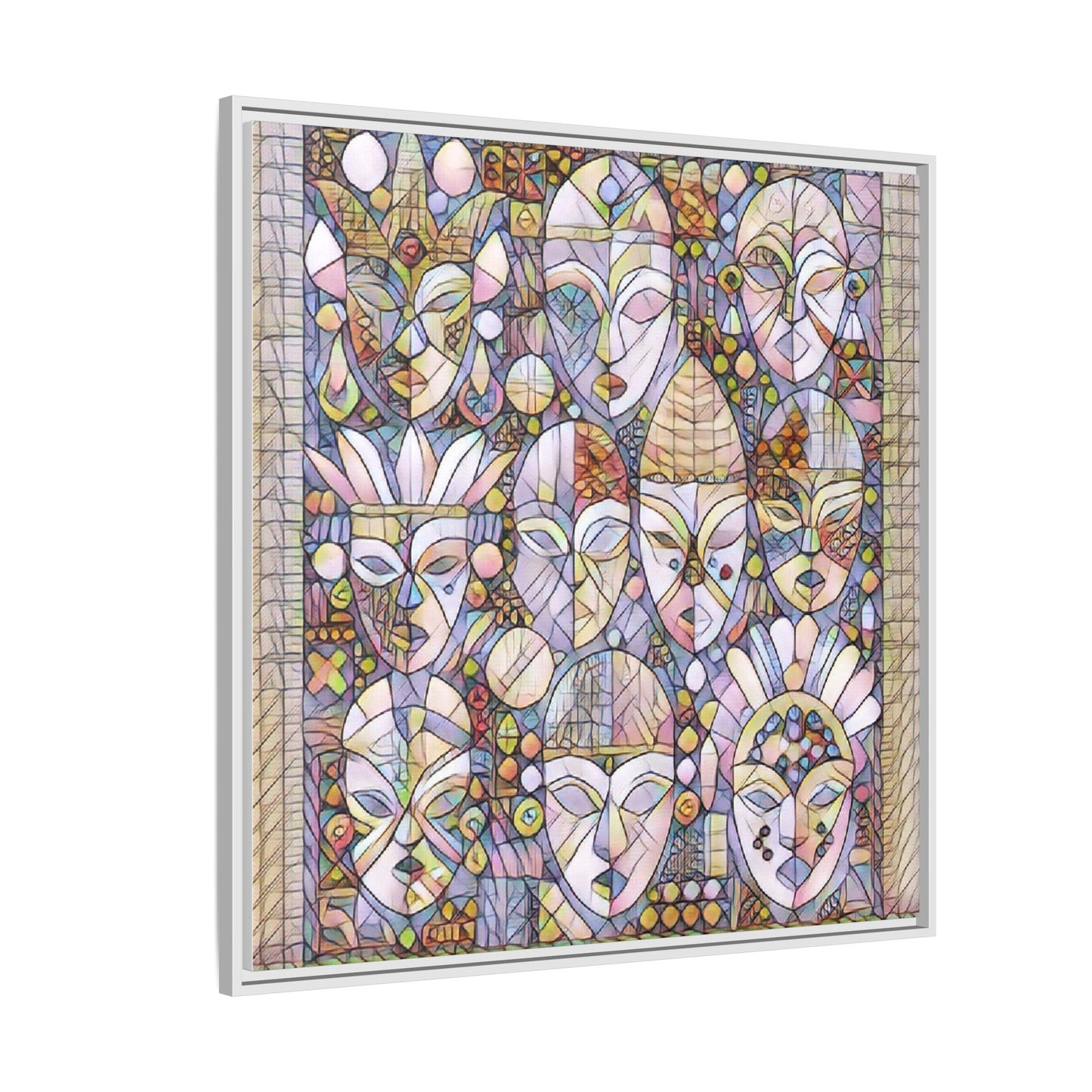 Framed Abstract Mask Art Canvas — Multicolor Stained-Glass Faces Wall Decor