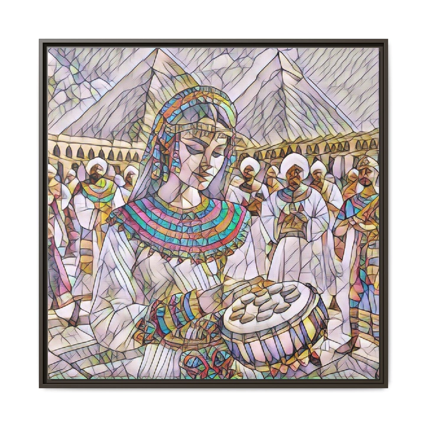 Egyptian Drum Player Framed Canvas Art — Colorful Ancient Scene Wall Decor