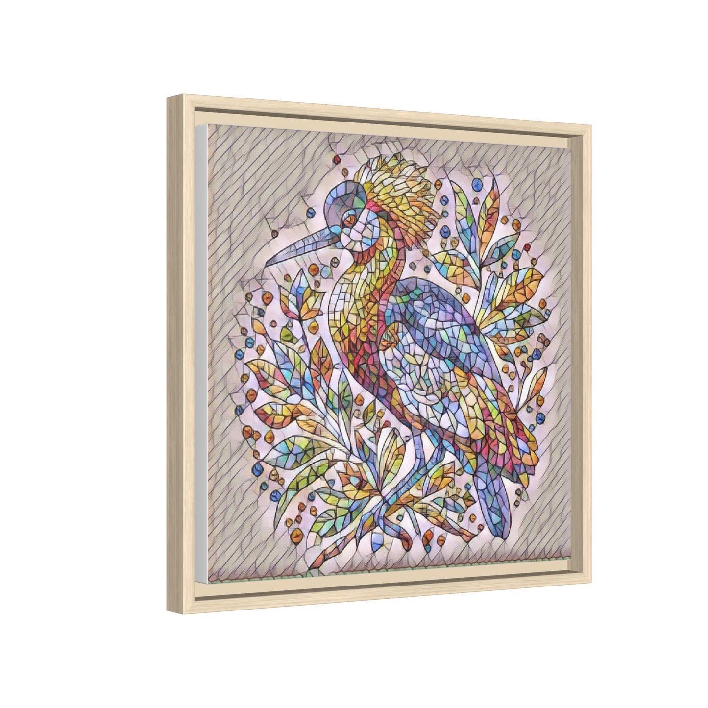 Colorful Stained-Glass Heron — Framed Matte Canvas Wall Art