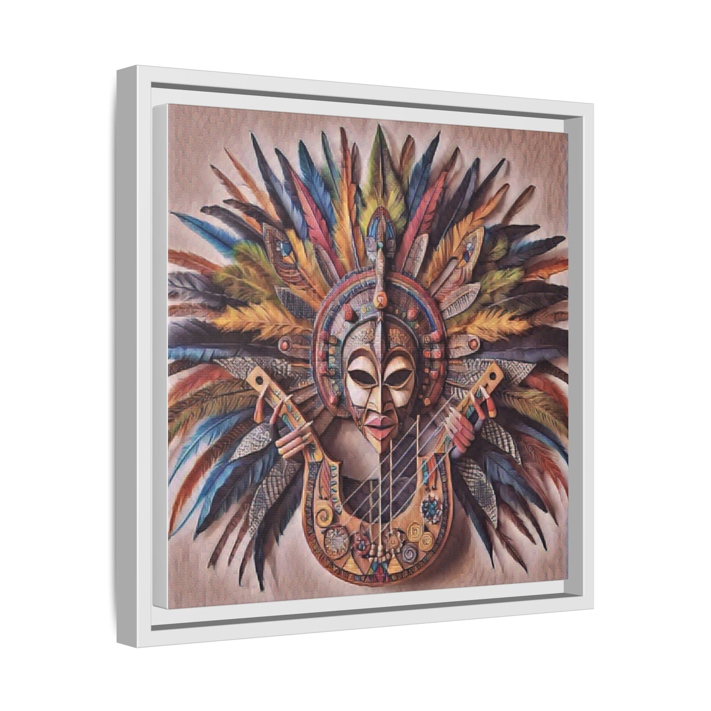 Tribal Feather Mask Guitar Framed Canvas Art — Colorful Boho Wall Decor