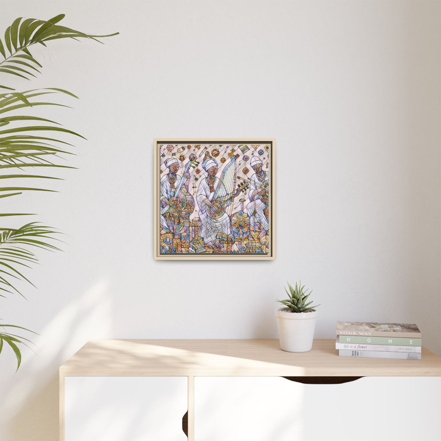 Framed Matte Canvas Print — Colorful African Musicians Stained-Glass Art