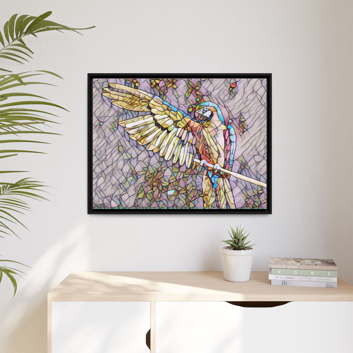 Framed Parrot Stained-Glass Art Print — Matte Canvas Wall Decor