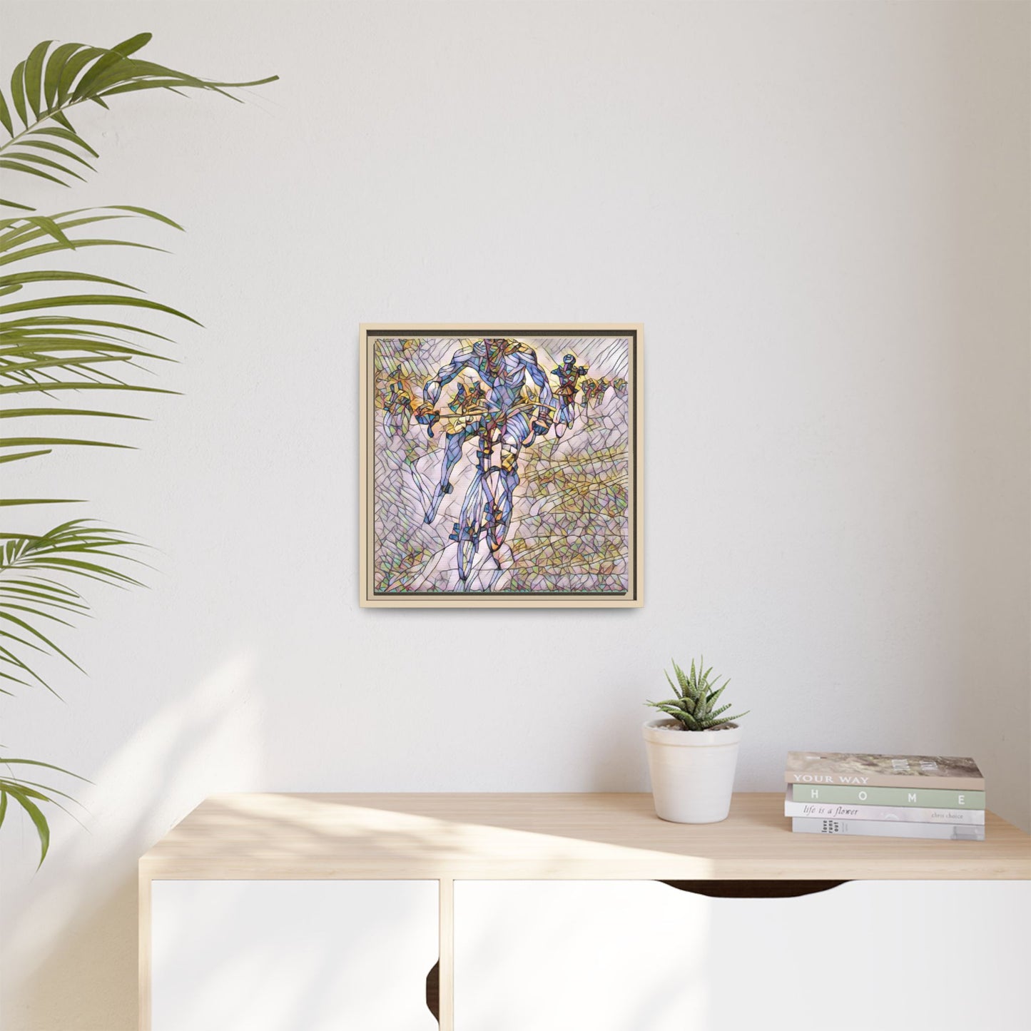 Abstract Cyclist Matte Canvas Framed Art — Colorful Stained-Glass Bike Print