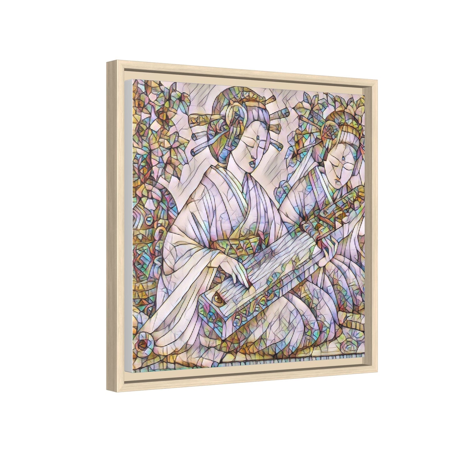 Framed Matte Canvas Print — Stained-Glass Geisha Duo