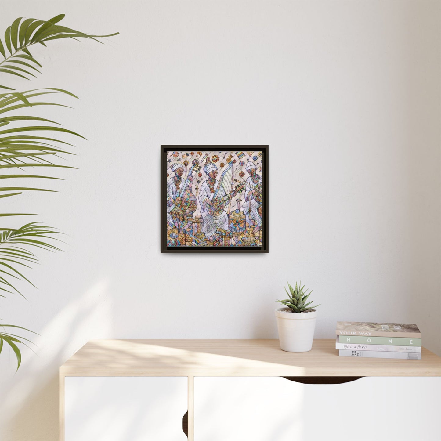 Framed Matte Canvas Print — Colorful African Musicians Stained-Glass Art